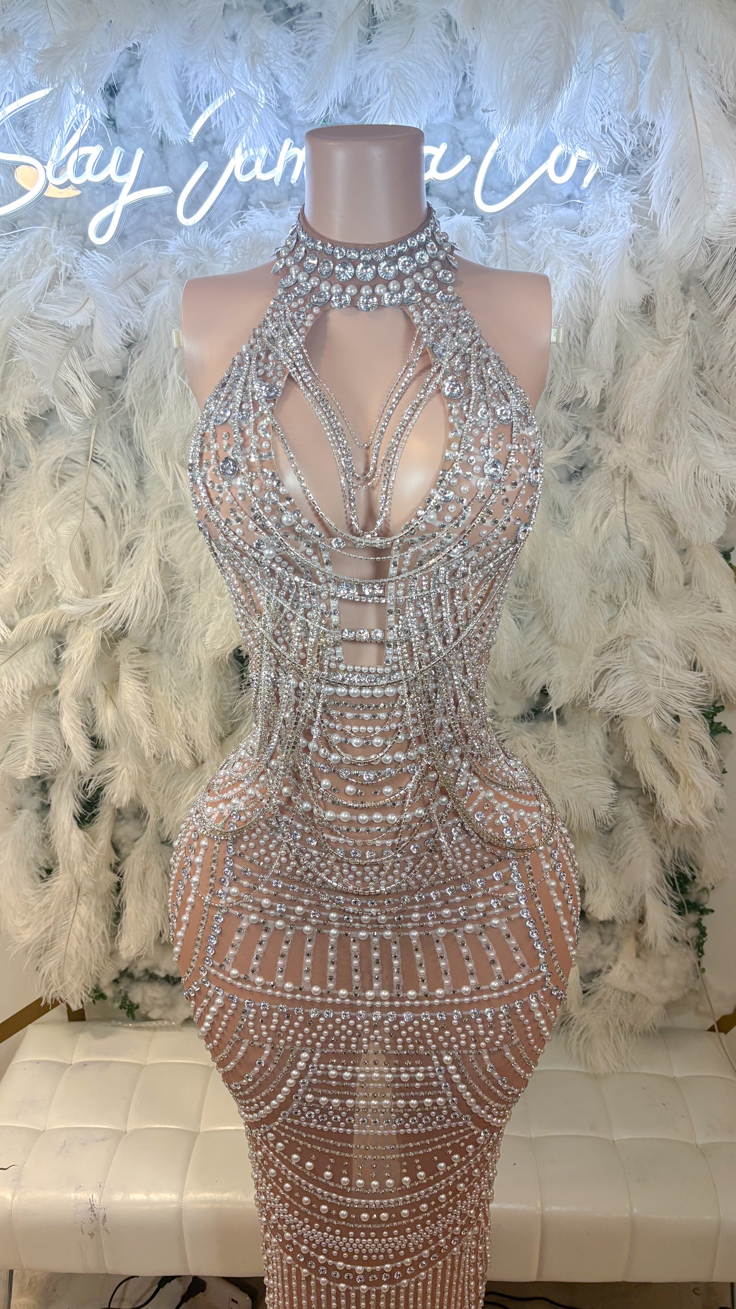 READY TO SHIP Moonlight Dreams Rhinestone Chain Mesh Maxi Dress -Silver