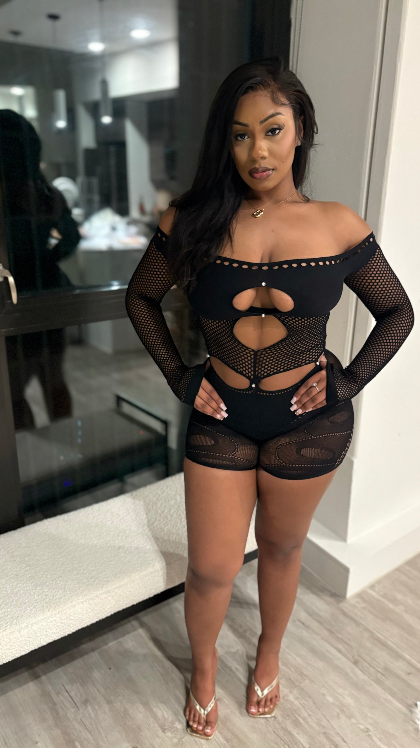 Risqué Love Cutout Mesh Romper - Black