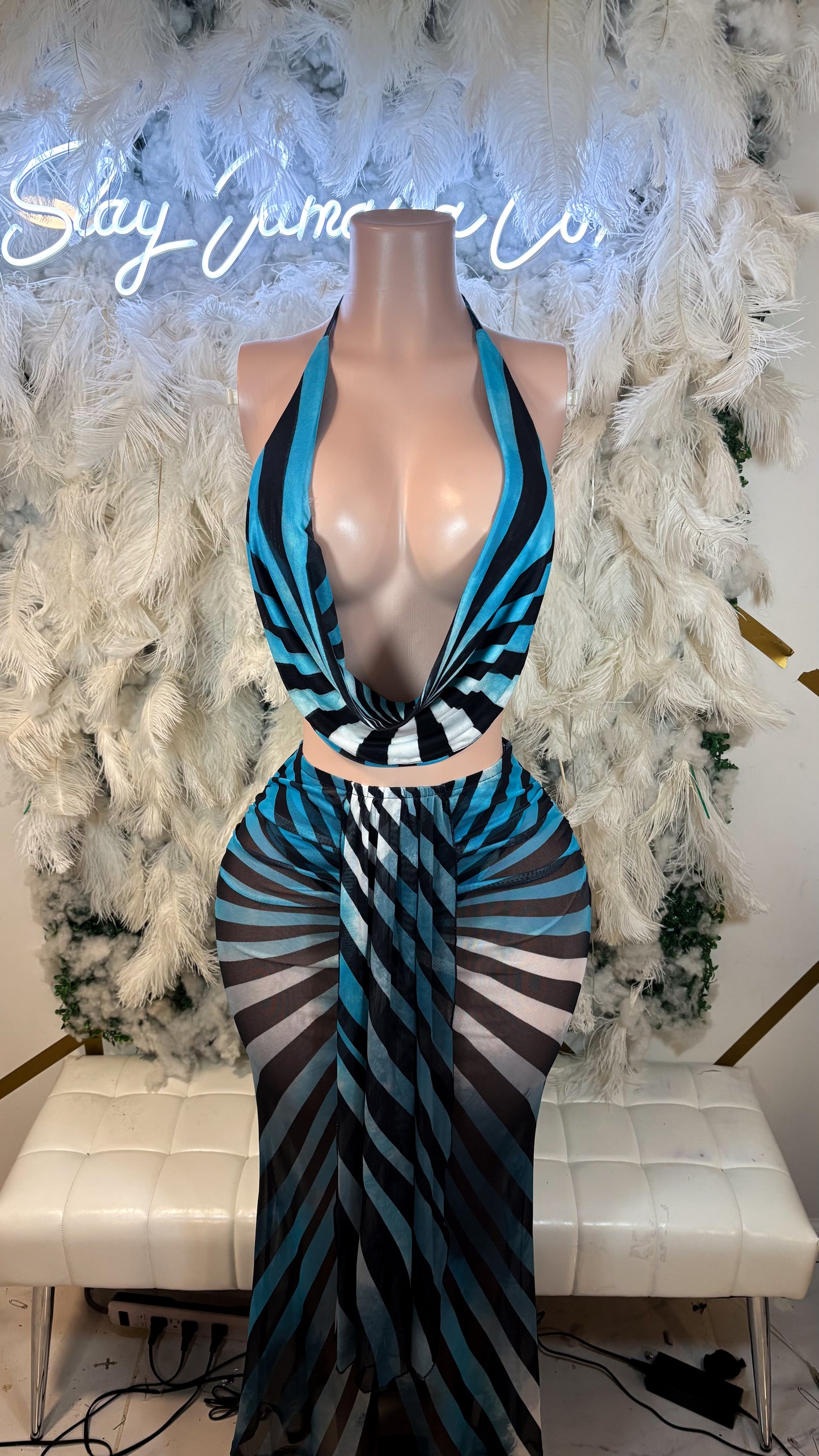 READY TO SHIP Resort Core Mesh Three Piece Skirt Set -Blue