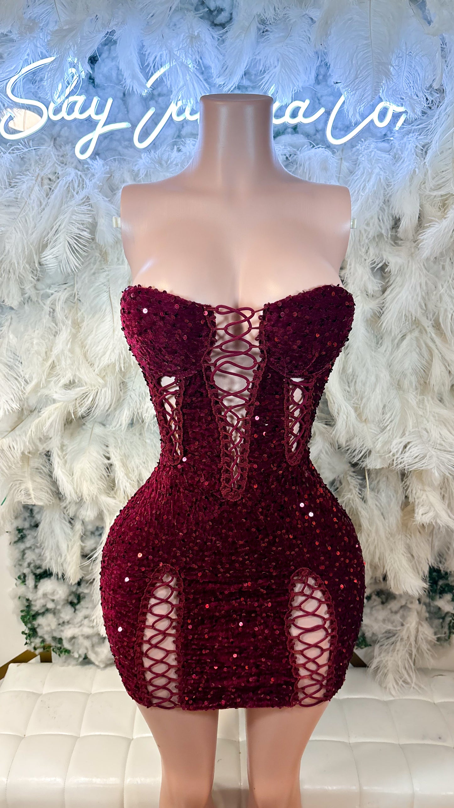 Shimmer Lights Sequin Cut Out Mini Dress - Burgundy