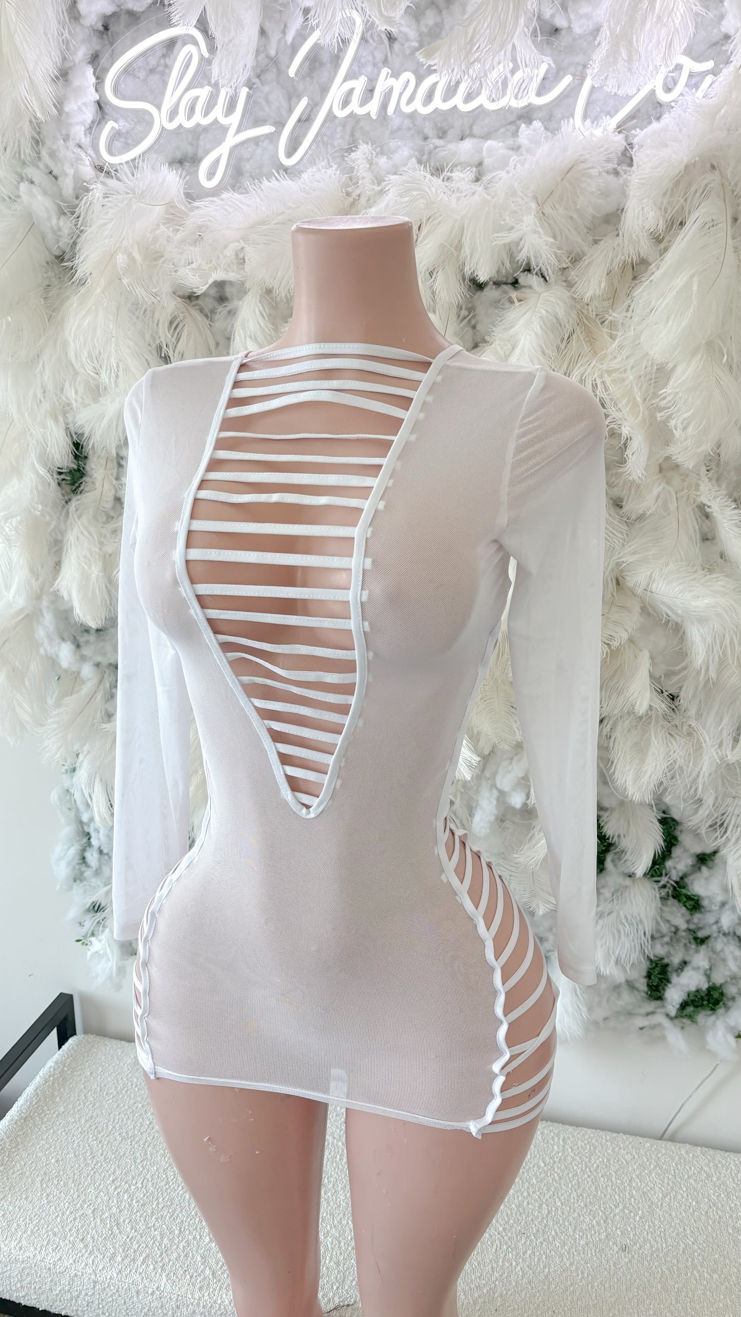 Peek A Boo Mesh Mini Coverup - white