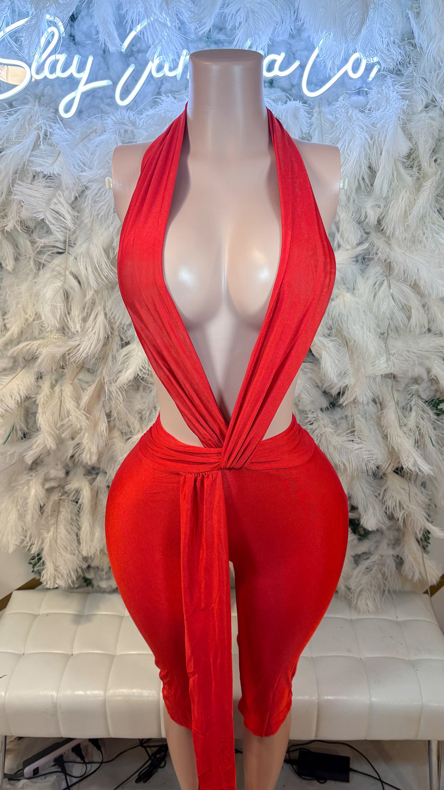 Temptation Aura Twisted Halter Romper- Red