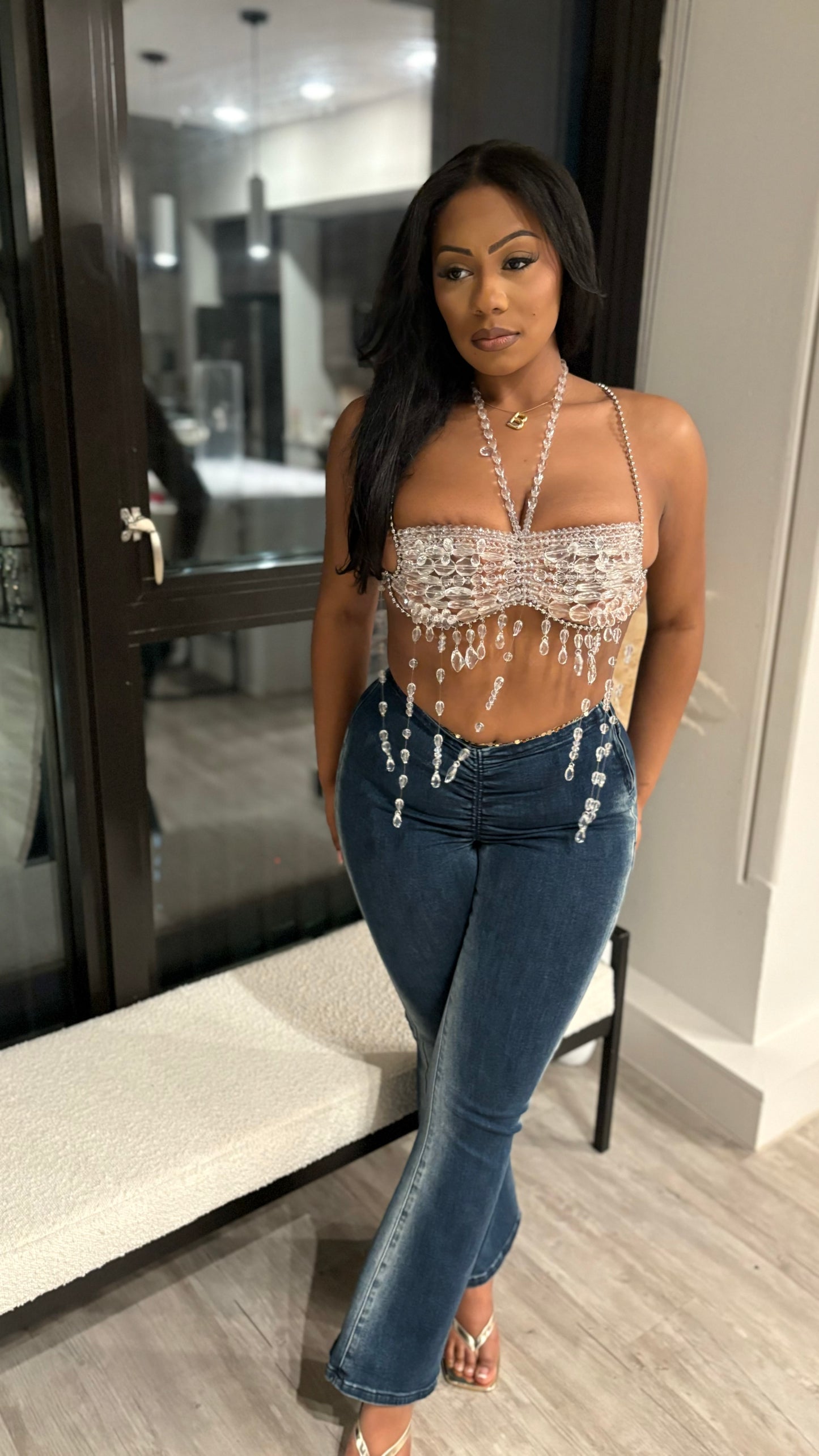 Crystal Tears Beaded Acrylic Crop Top