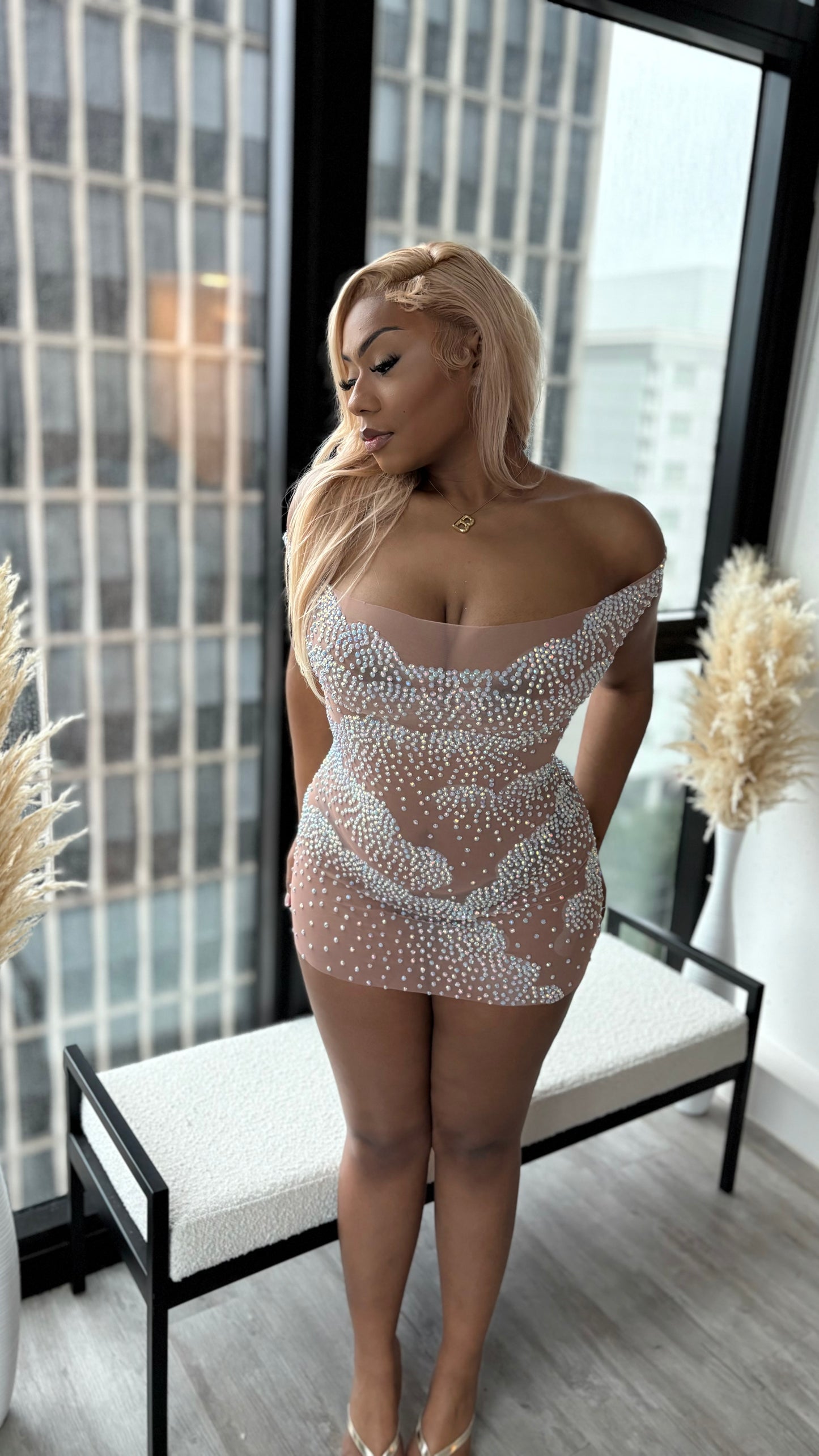 Cloudy Visions Mesh Rhinestone Dress