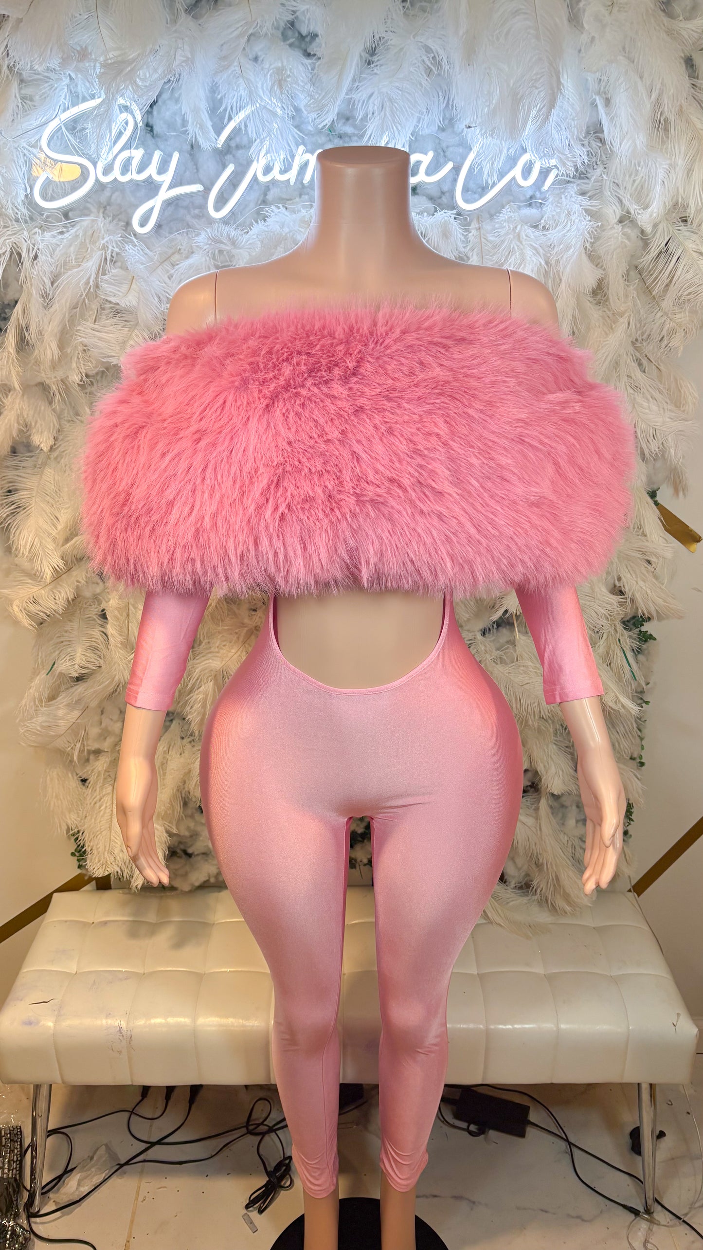 READY TO SHIP Femme Aura Fur Jumpsuit - Candy Pink