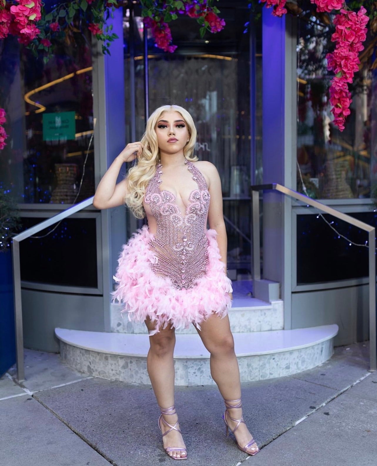PREORDER ONLY Fine Wine Feather Luxury Rhinestone Dress-Pink