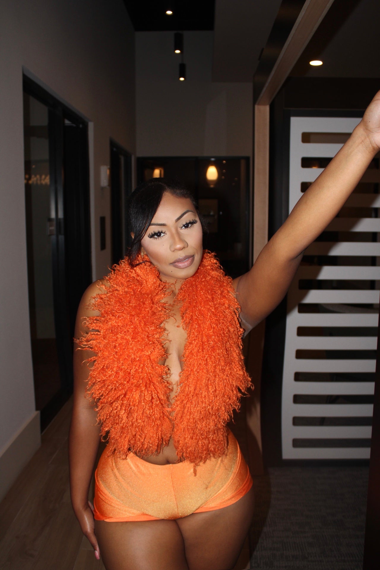 READY TO SHIP Summer Just Begun Mongolian Fur Shorts set - Orange