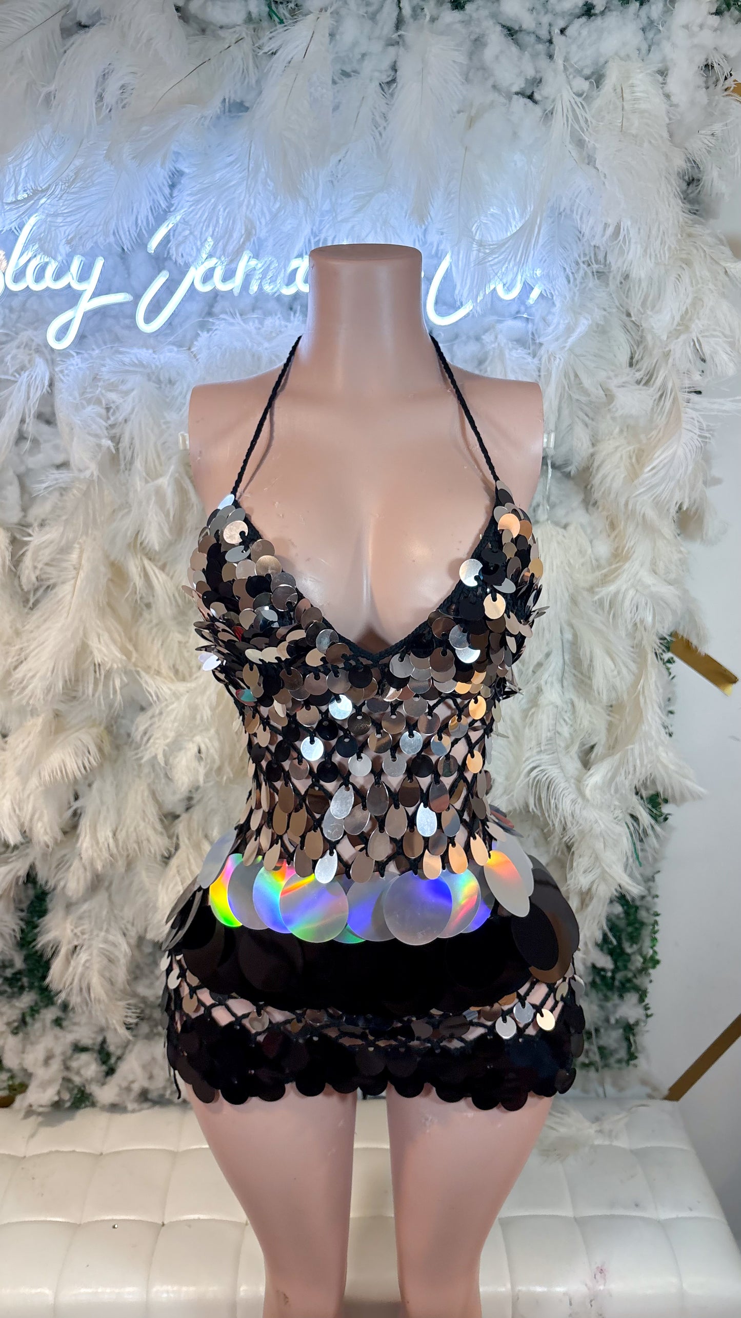 READY TO SHIP Bottles And Lights Knit Assorted Sequin Mini Dress - Black Silver Mix
