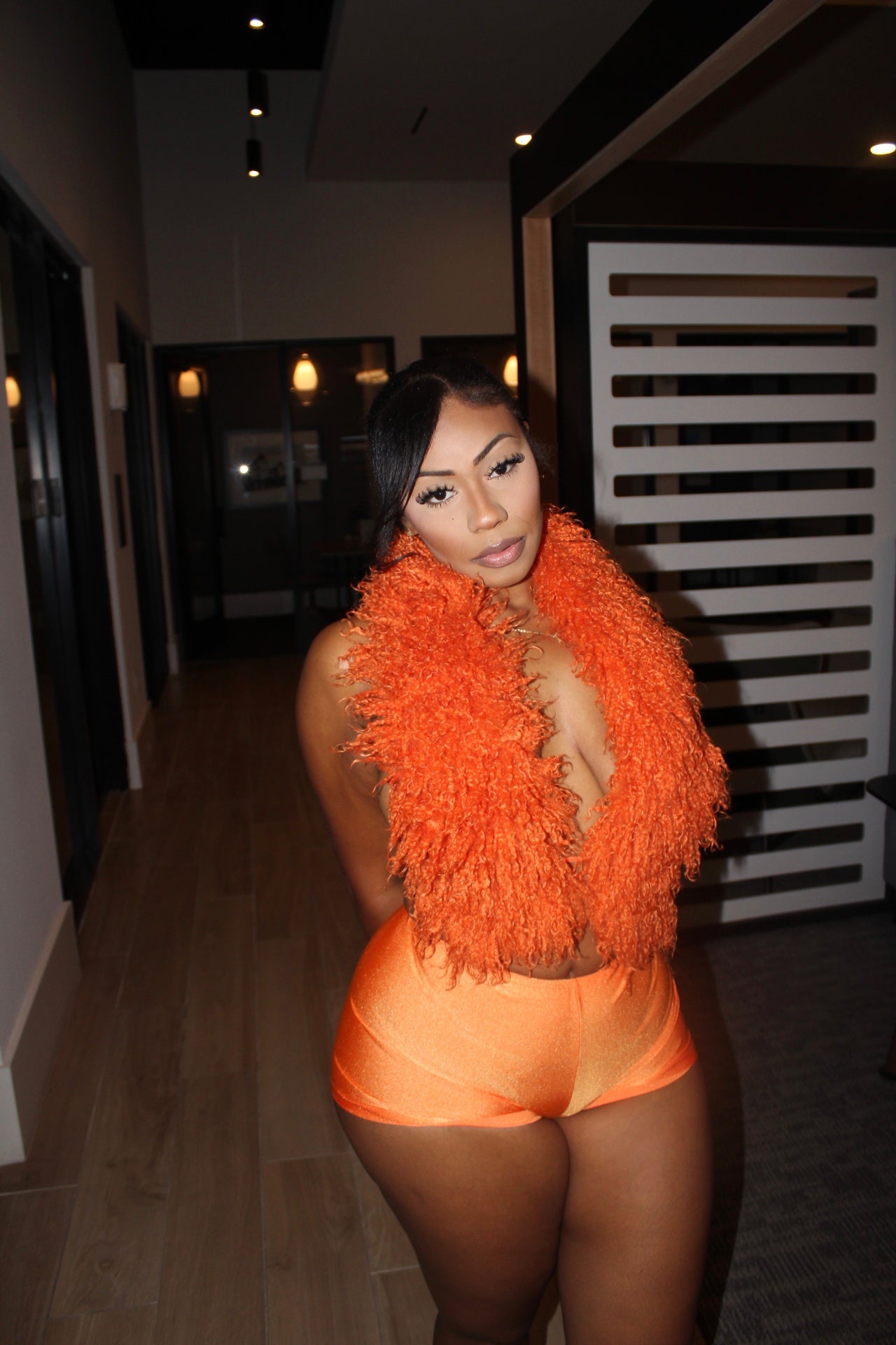 READY TO SHIP Summer Just Begun Mongolian Fur Shorts set - Orange