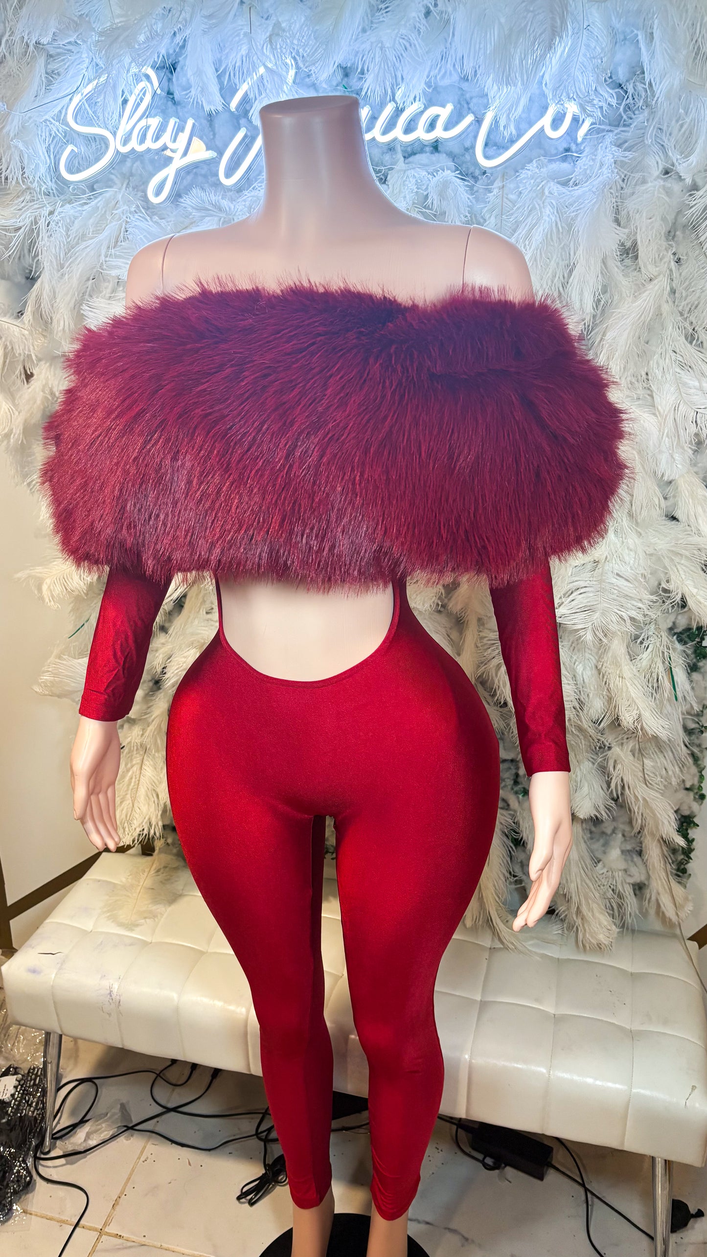 READY TO SHIP Femme Aura Fur Jumpsuit - Burgundy