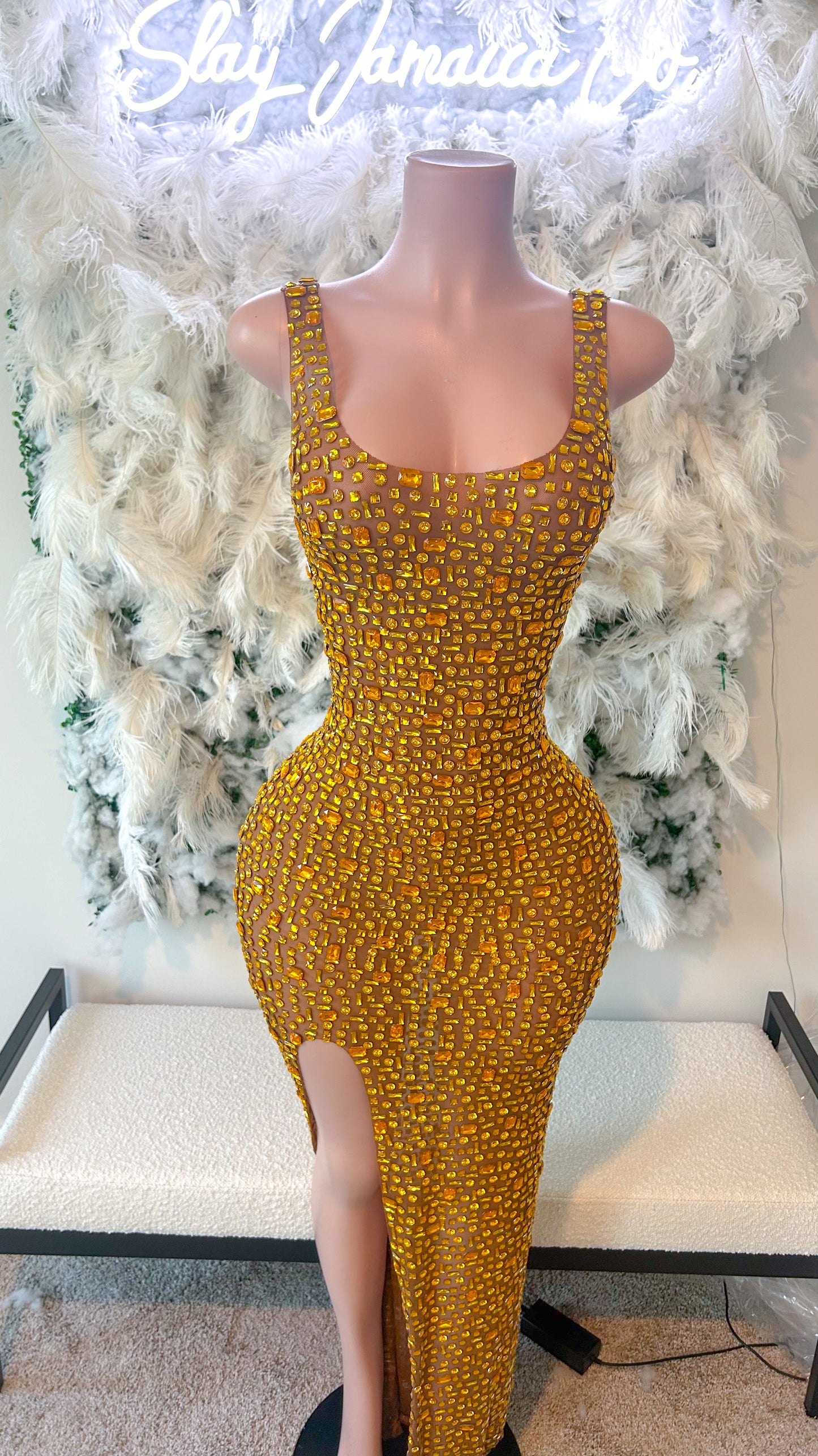 PREORDER ONLY Golden Drapes Rhinestone Mesh Maxi Dress
