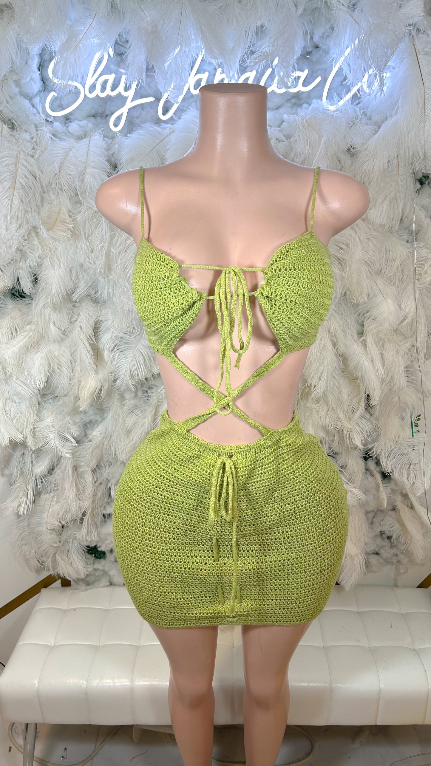 Run Away To Paradise Crochet Mini Dress - Green
