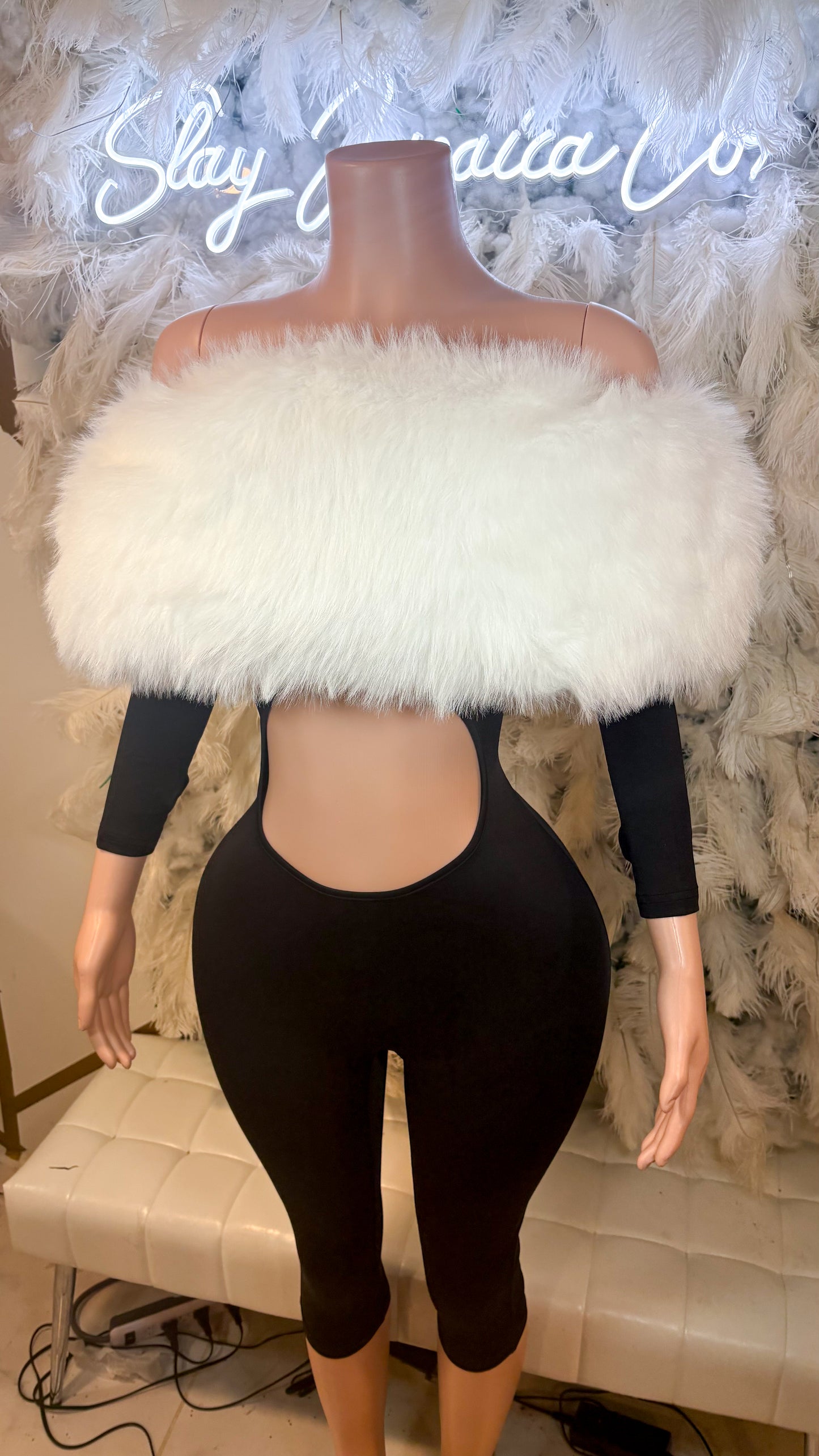 READY TO SHIP Femme Aura Fur Romper - White / Black Combo
