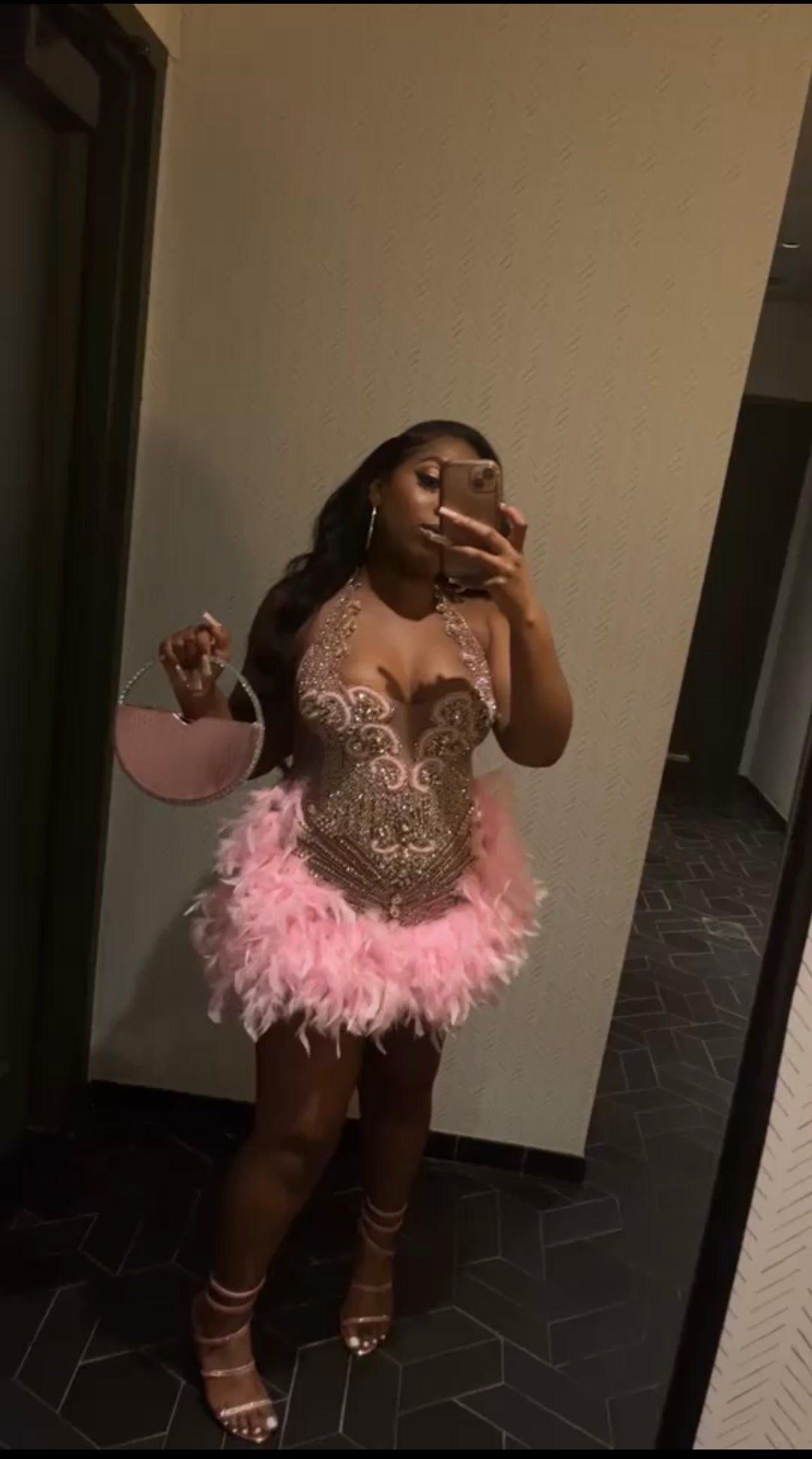 PREORDER ONLY Fine Wine Feather Luxury Rhinestone Dress-Pink