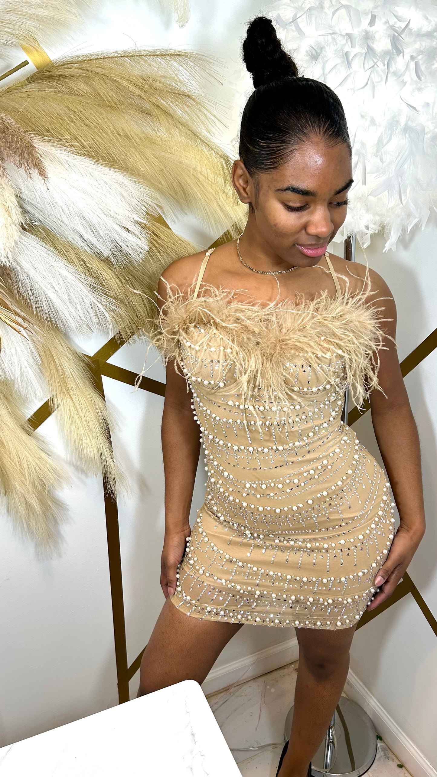 Material Girl Feather Pearl Mini Dress