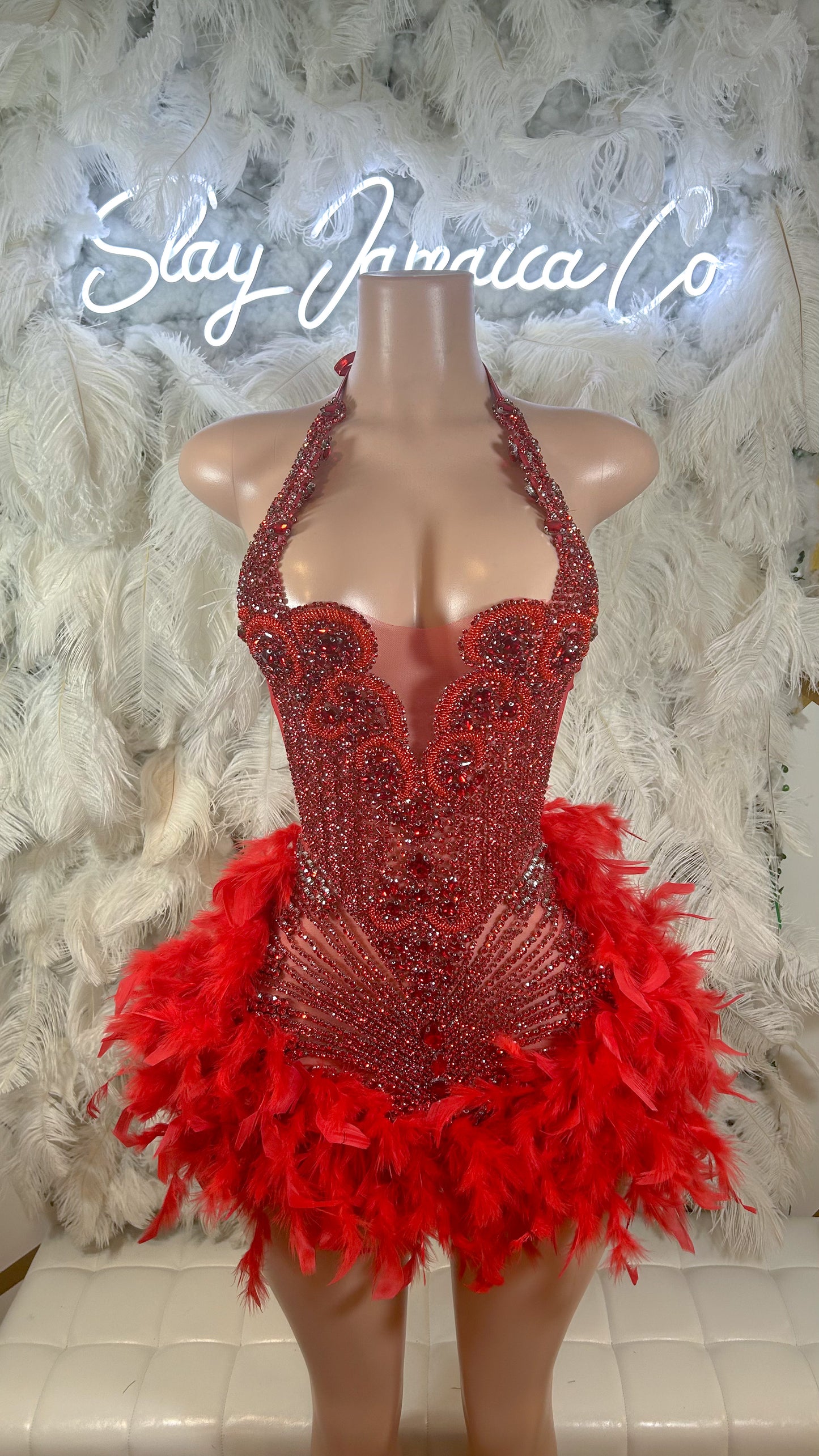 Preorder only Fine Wine Feather Luxury Rhinestone Dress-Red