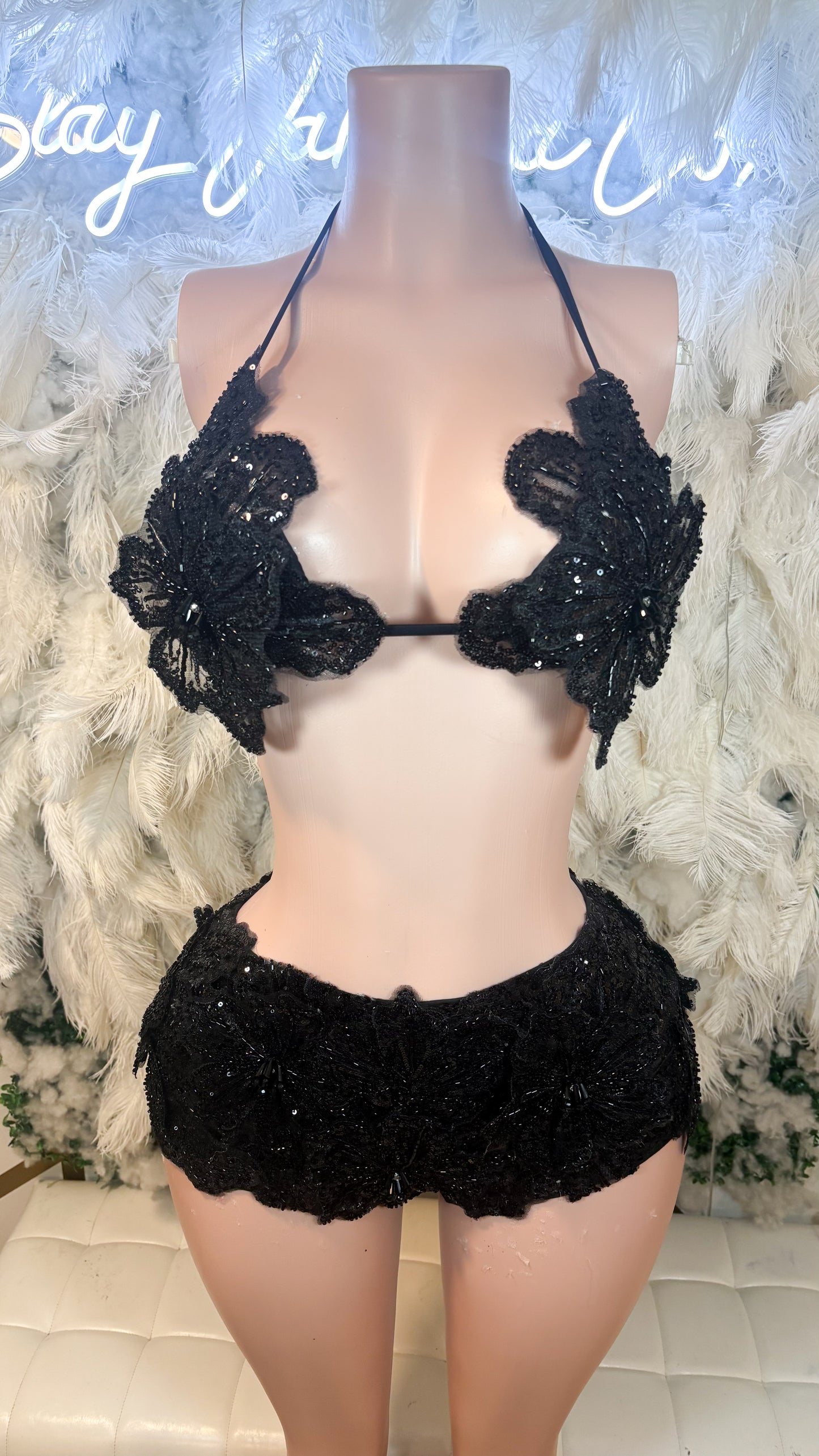 READY TO SHIP Seychelles Doll Floral Sequin Shorts Set - Black