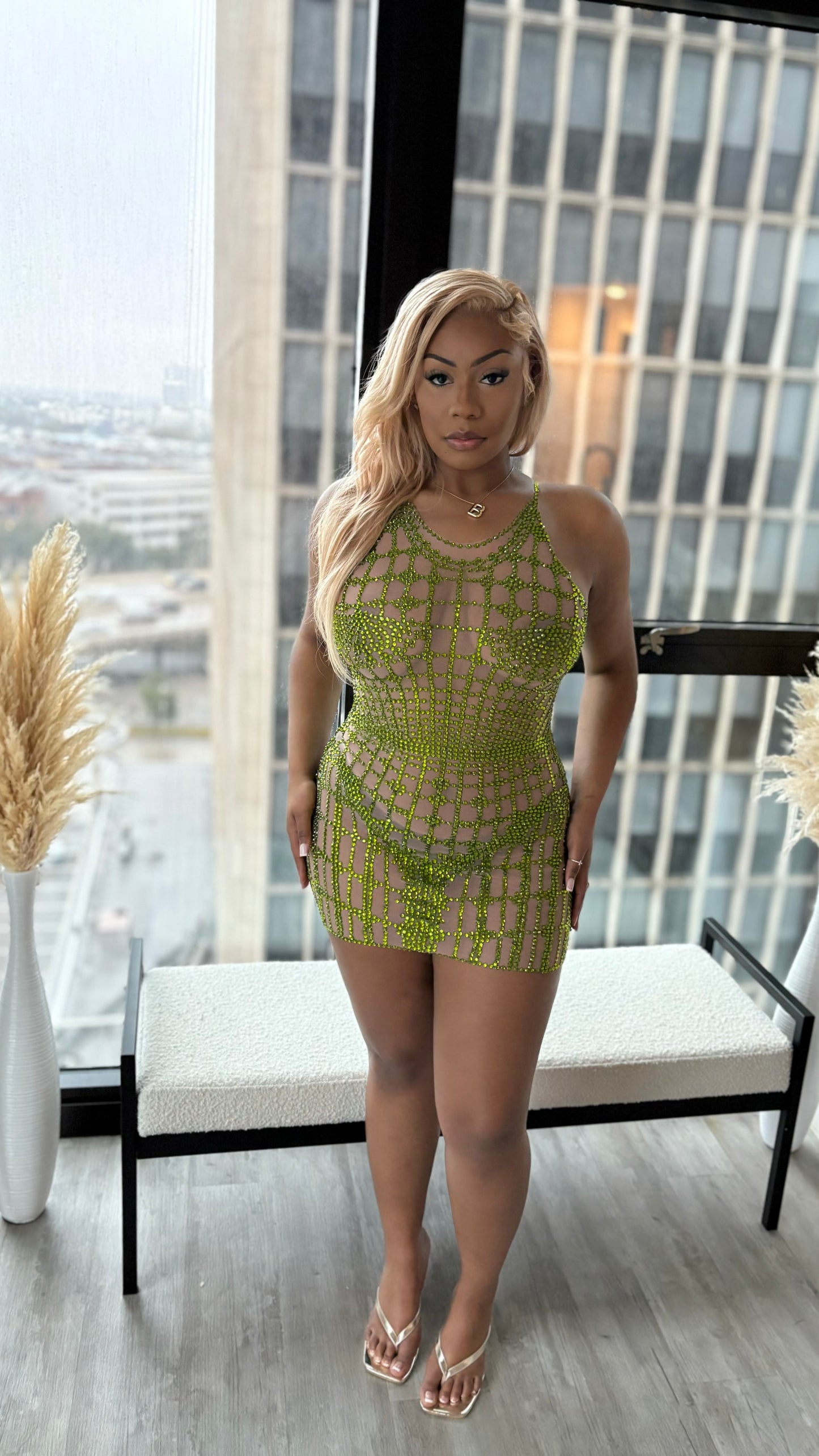 READY TO SHIP The Stars Align Mesh Rhinestone Mini Dress - Green