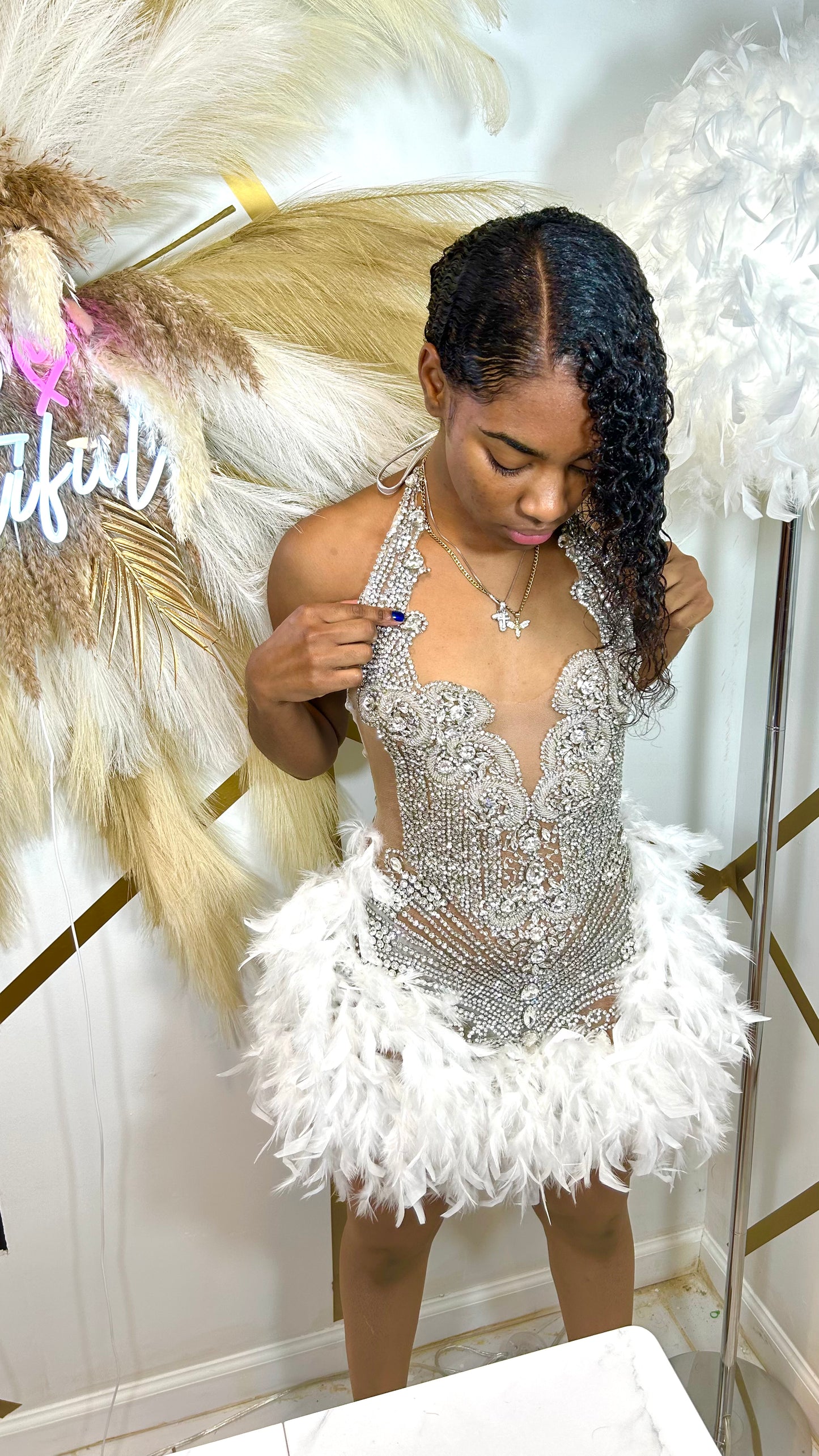 READY TO SHIP ONLY Fine Wine Feather Luxury Rhinestone Dress-WHITE