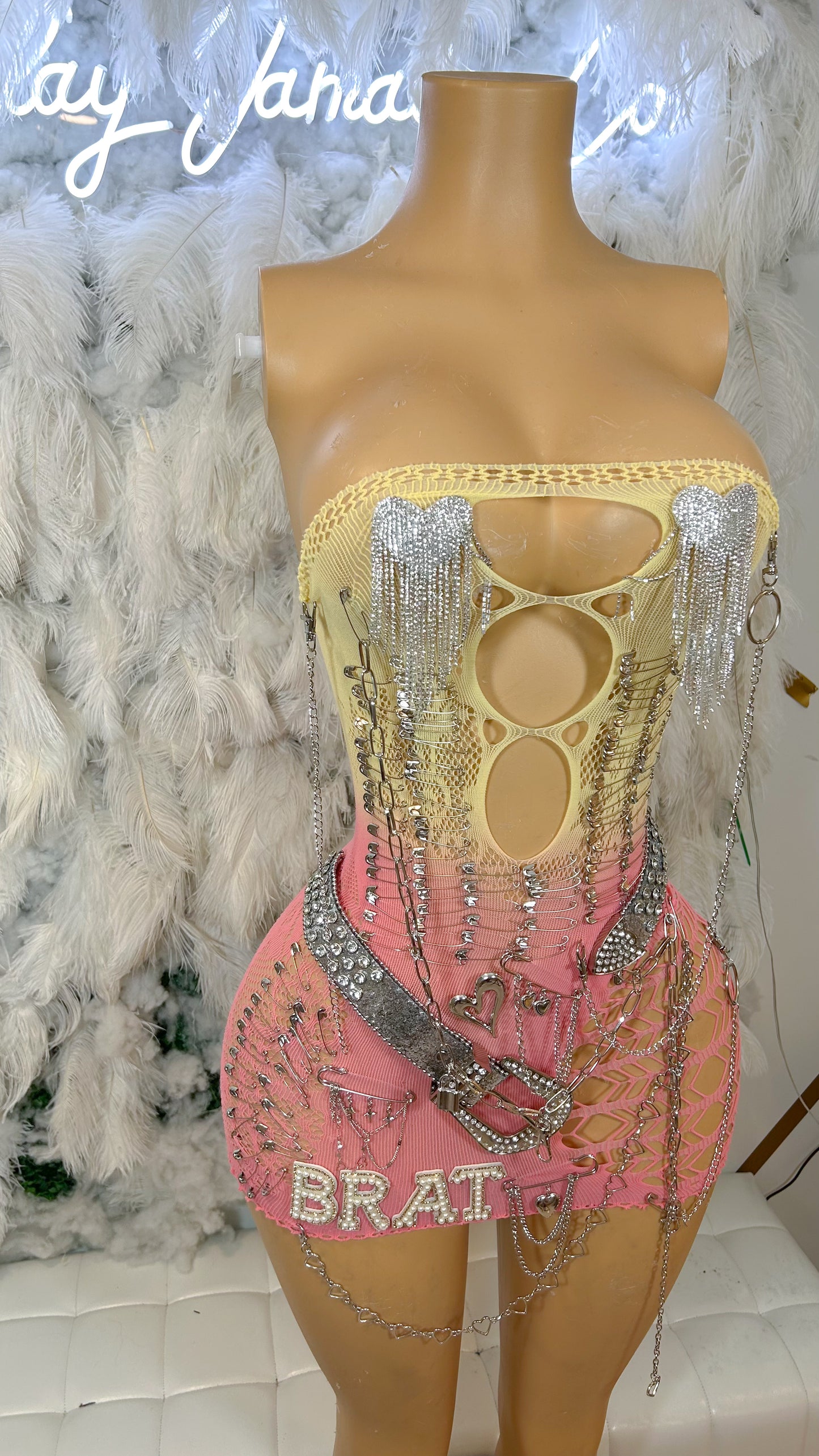 The Biggest Brat Embellished Mesh Mini Dress