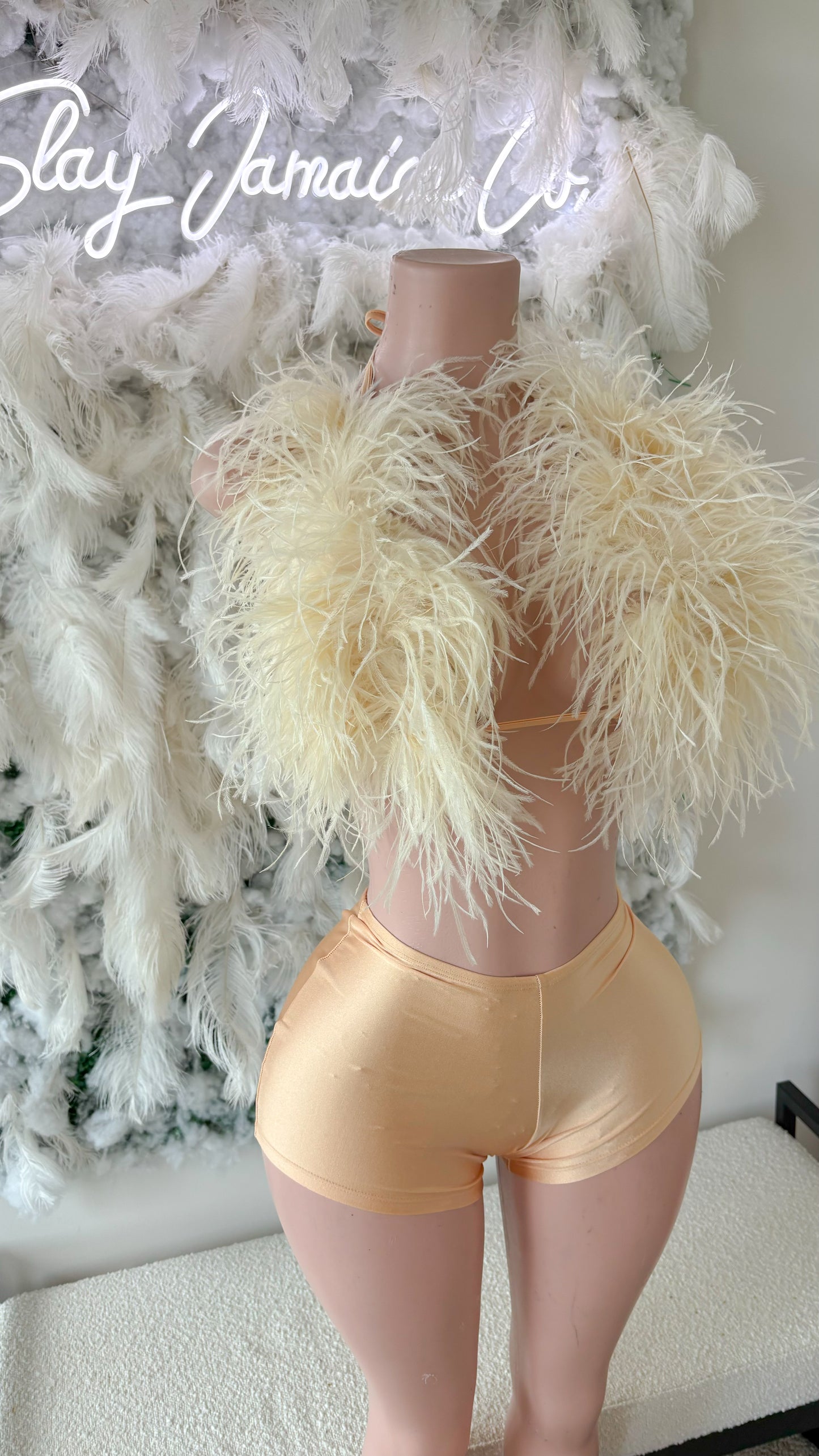 READY TO SHIP Champagne Nights Ostritch Feather Shorts Set
