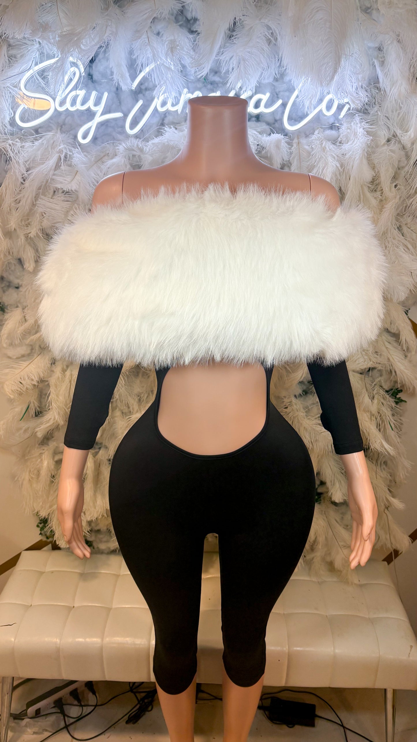 READY TO SHIP Femme Aura Fur Romper - White / Black Combo