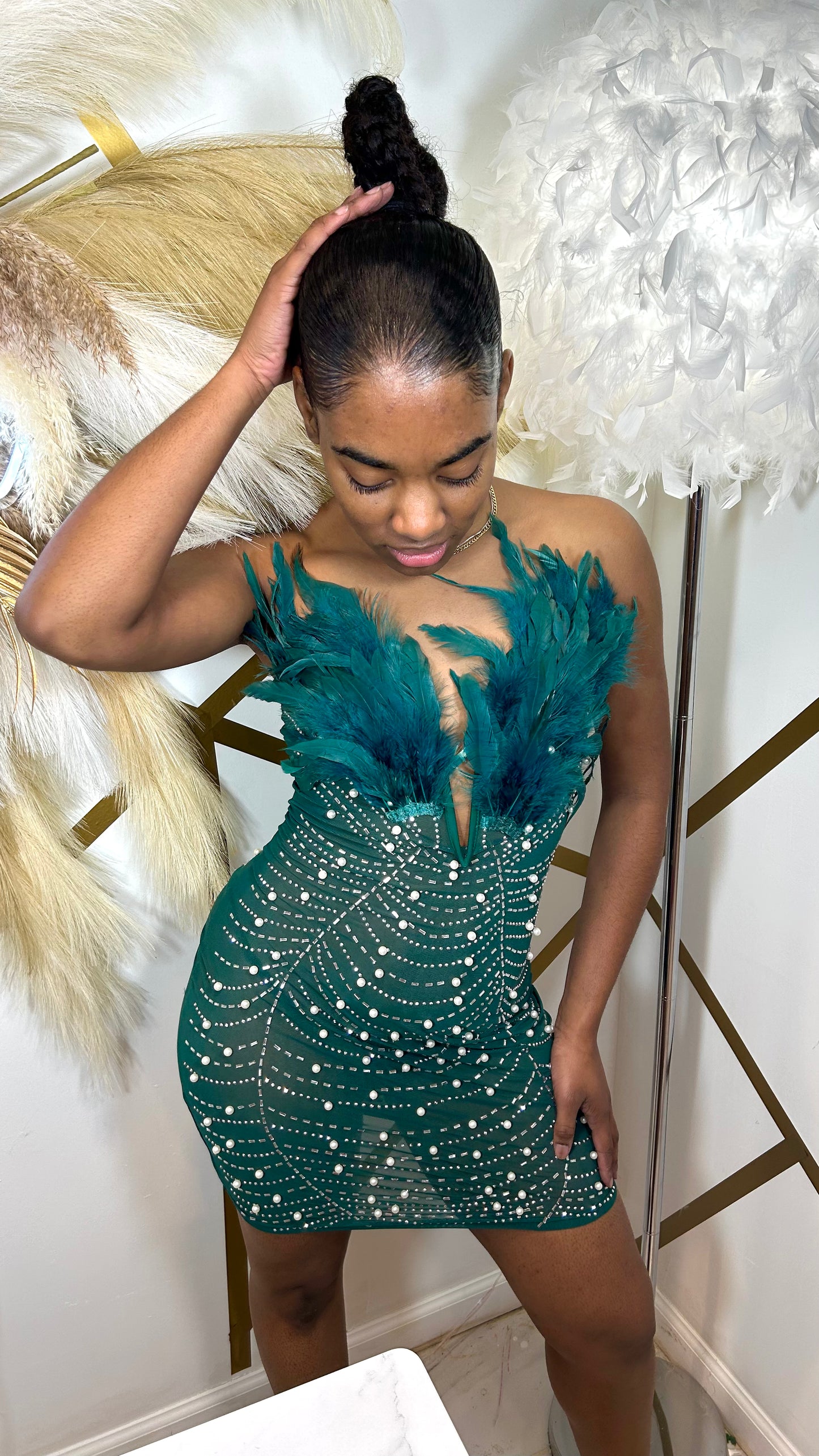 Baddest In The Room Pearl Mesh Mini Dress - Hunter Green