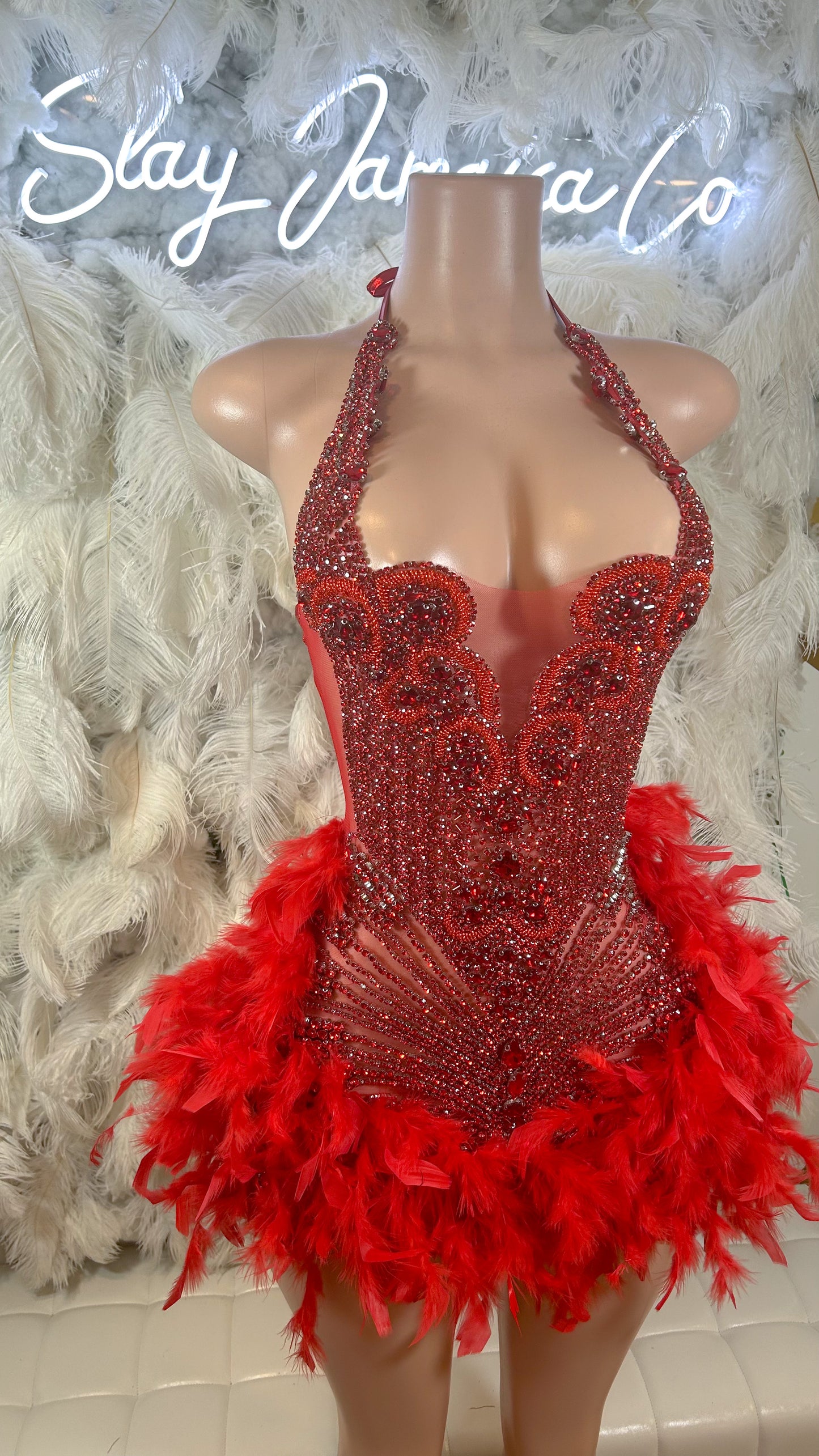 Preorder only Fine Wine Feather Luxury Rhinestone Dress-Red
