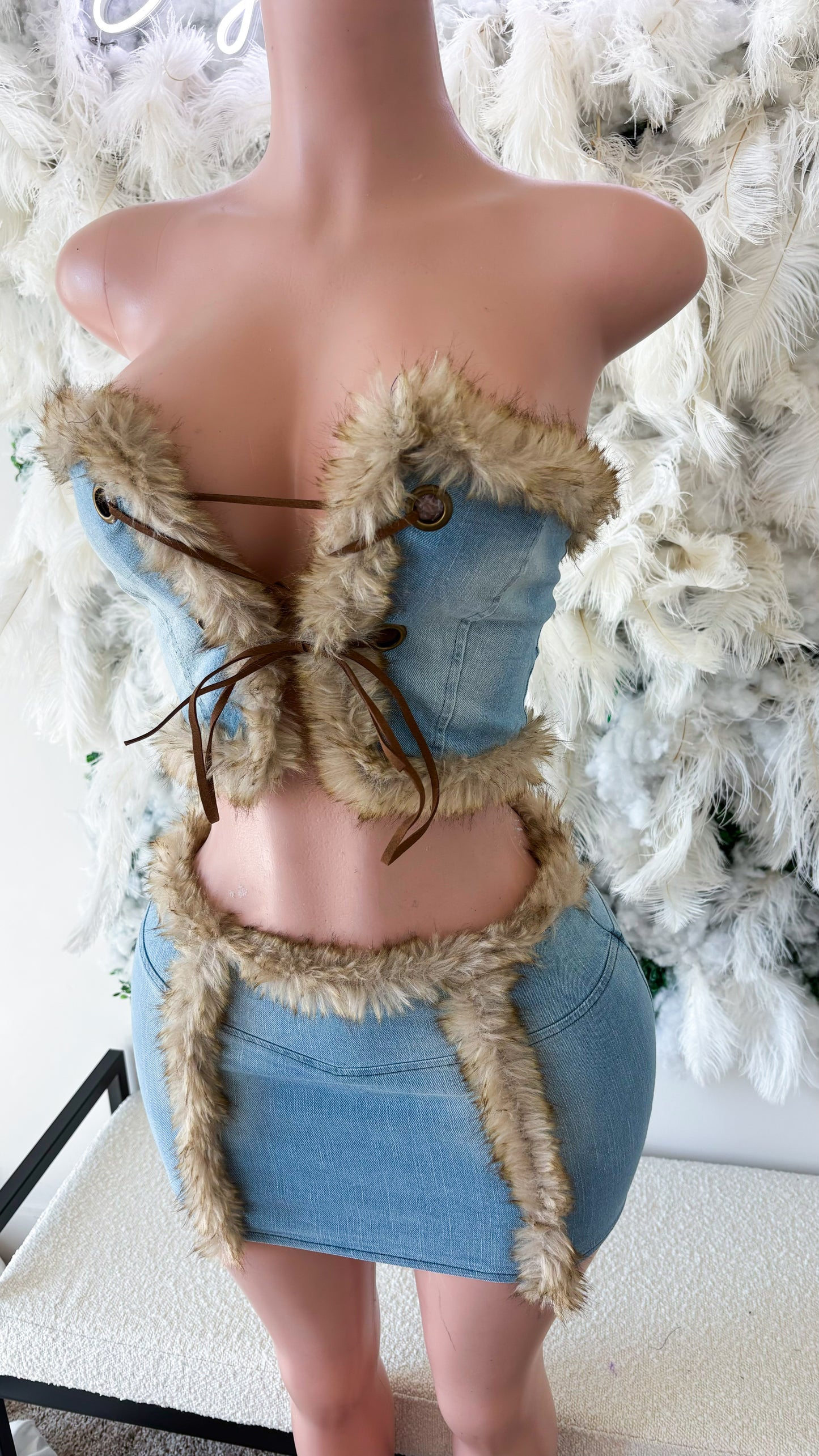 The Rawest Fur Denim Skirt Set - Light Blue