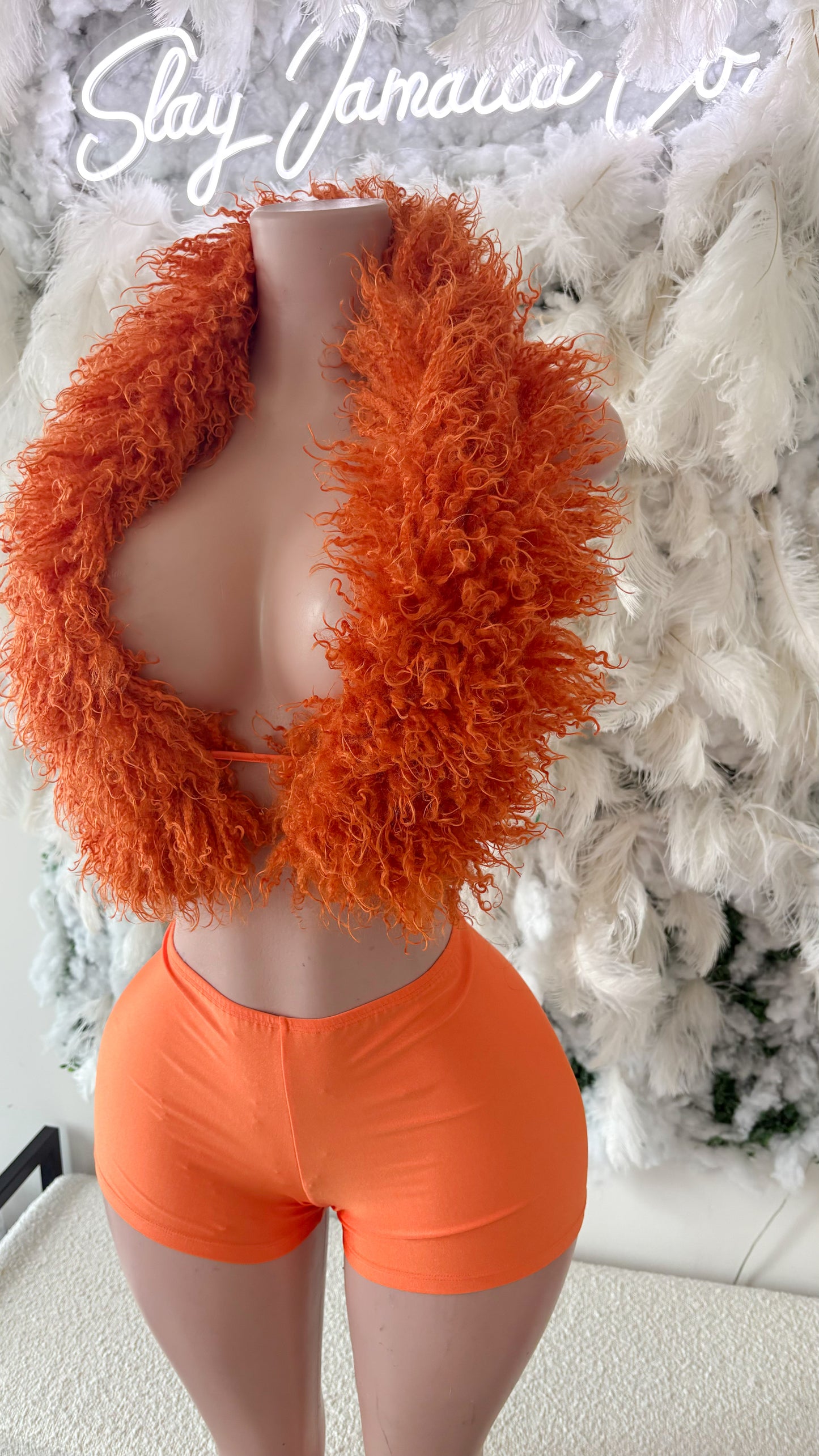 READY TO SHIP Summer Just Begun Mongolian Fur Shorts set - Orange