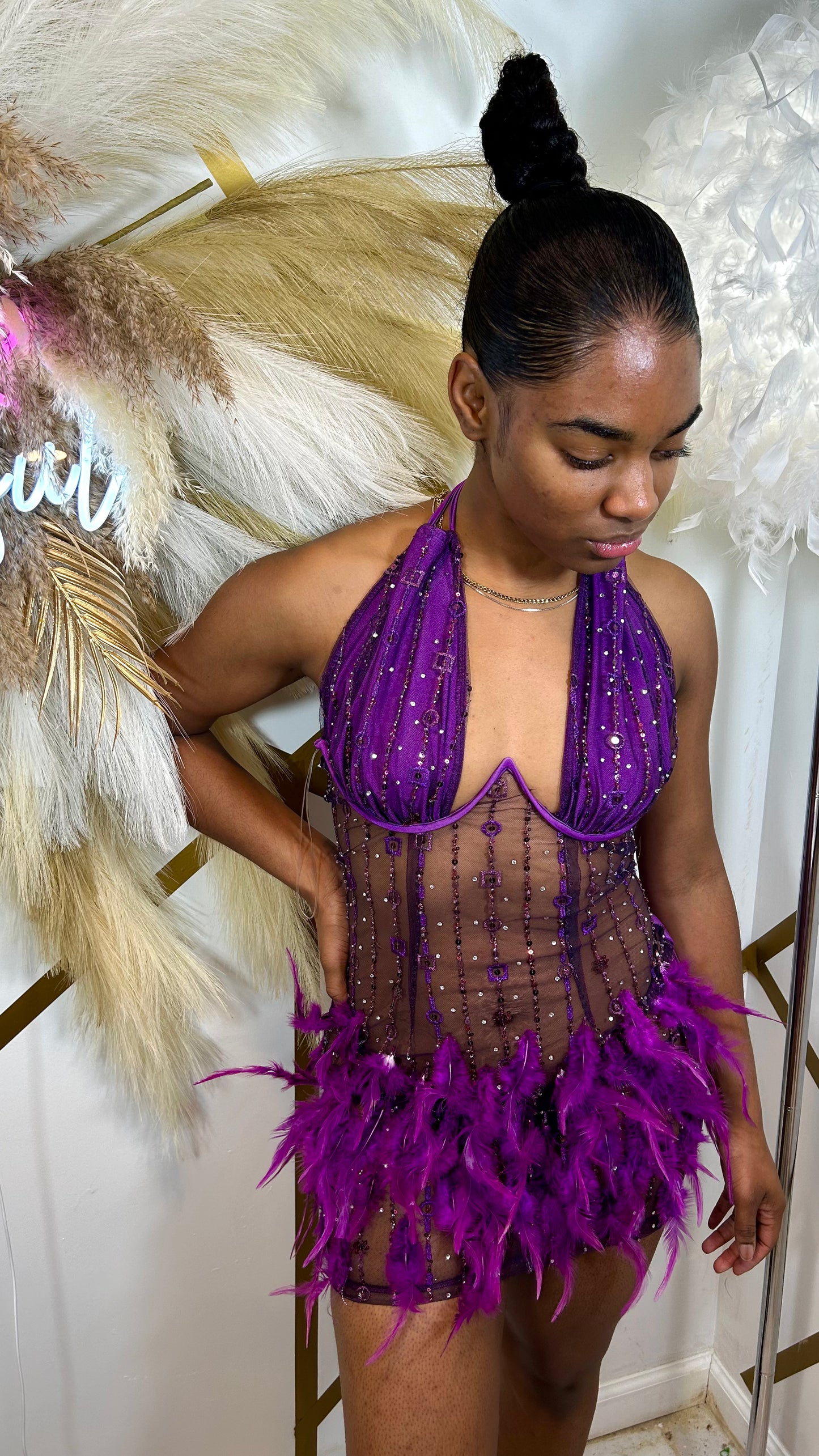 Stuck On You Feather Mini Dress