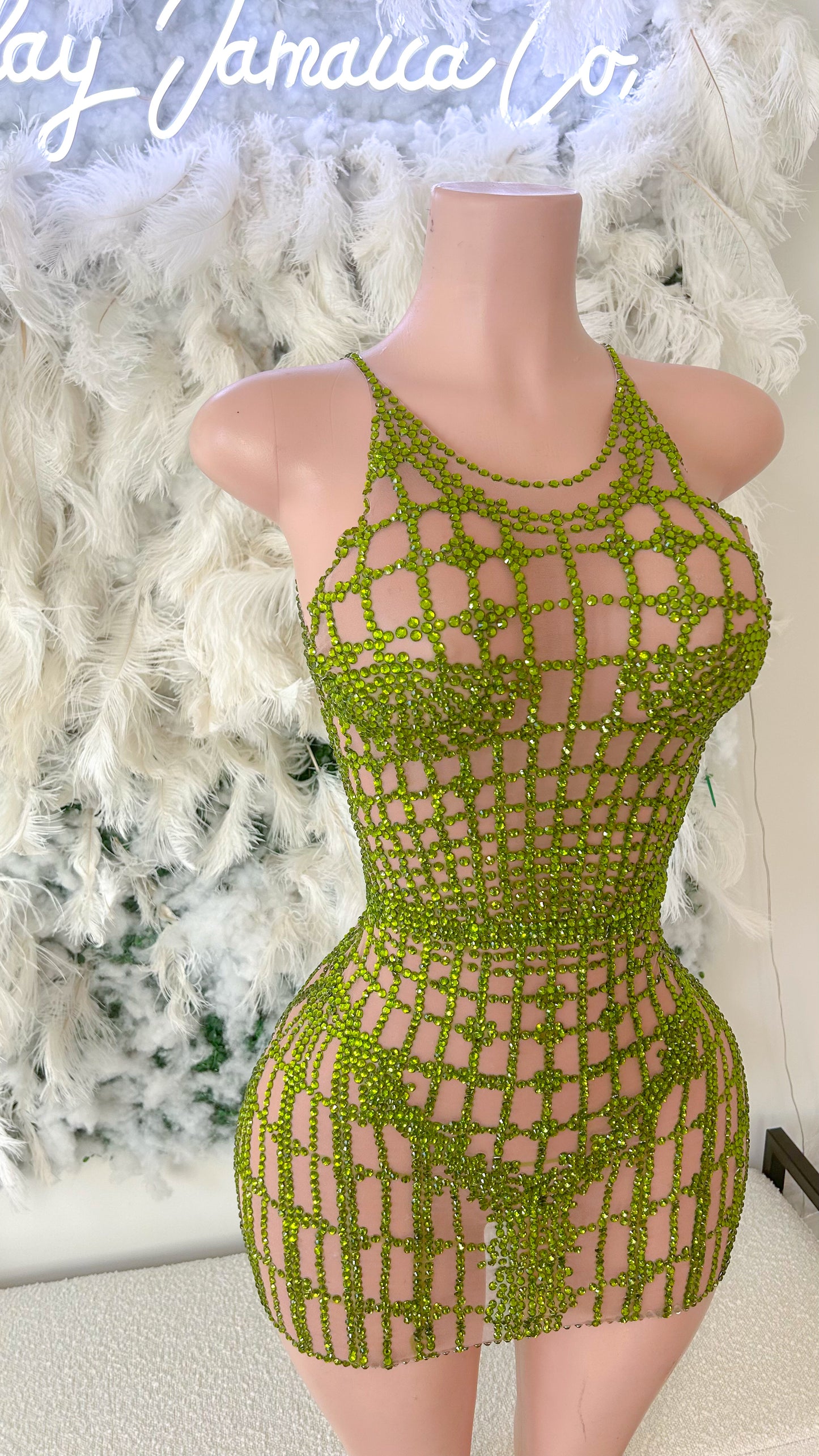 READY TO SHIP The Stars Align Mesh Rhinestone Mini Dress - Green