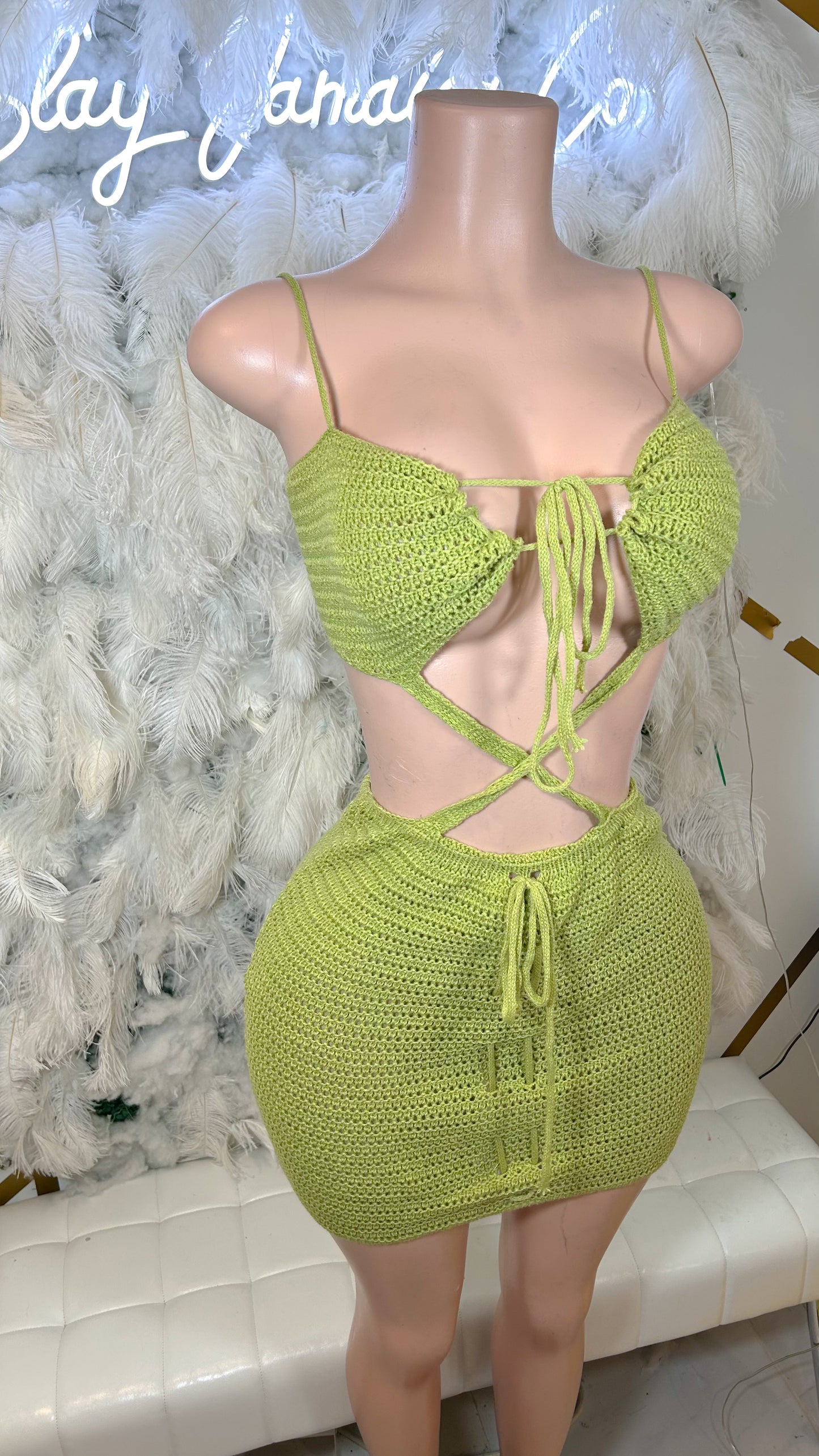 Run Away To Paradise Crochet Mini Dress - Green