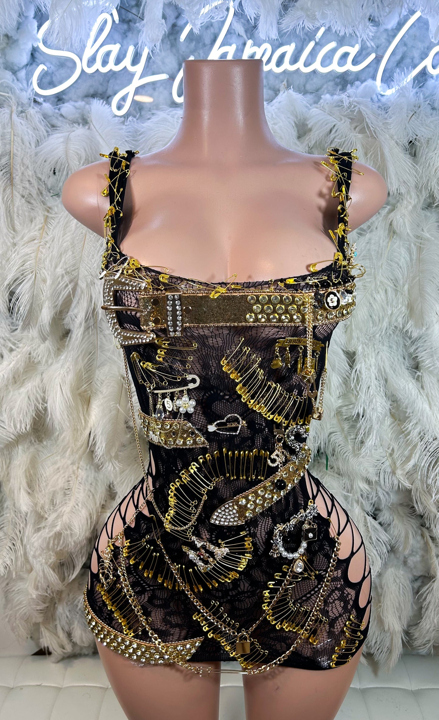 Been The Prize Golden Embellished Mesh Cut Out Dress