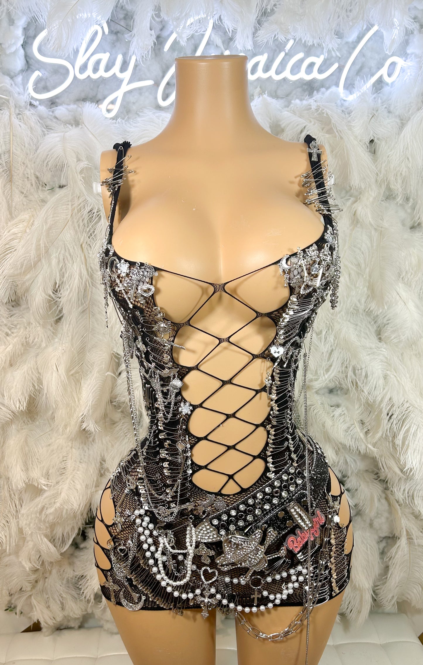 Miss Grippy Embellished Rhinestone Fishnet Mesh Mini Dress