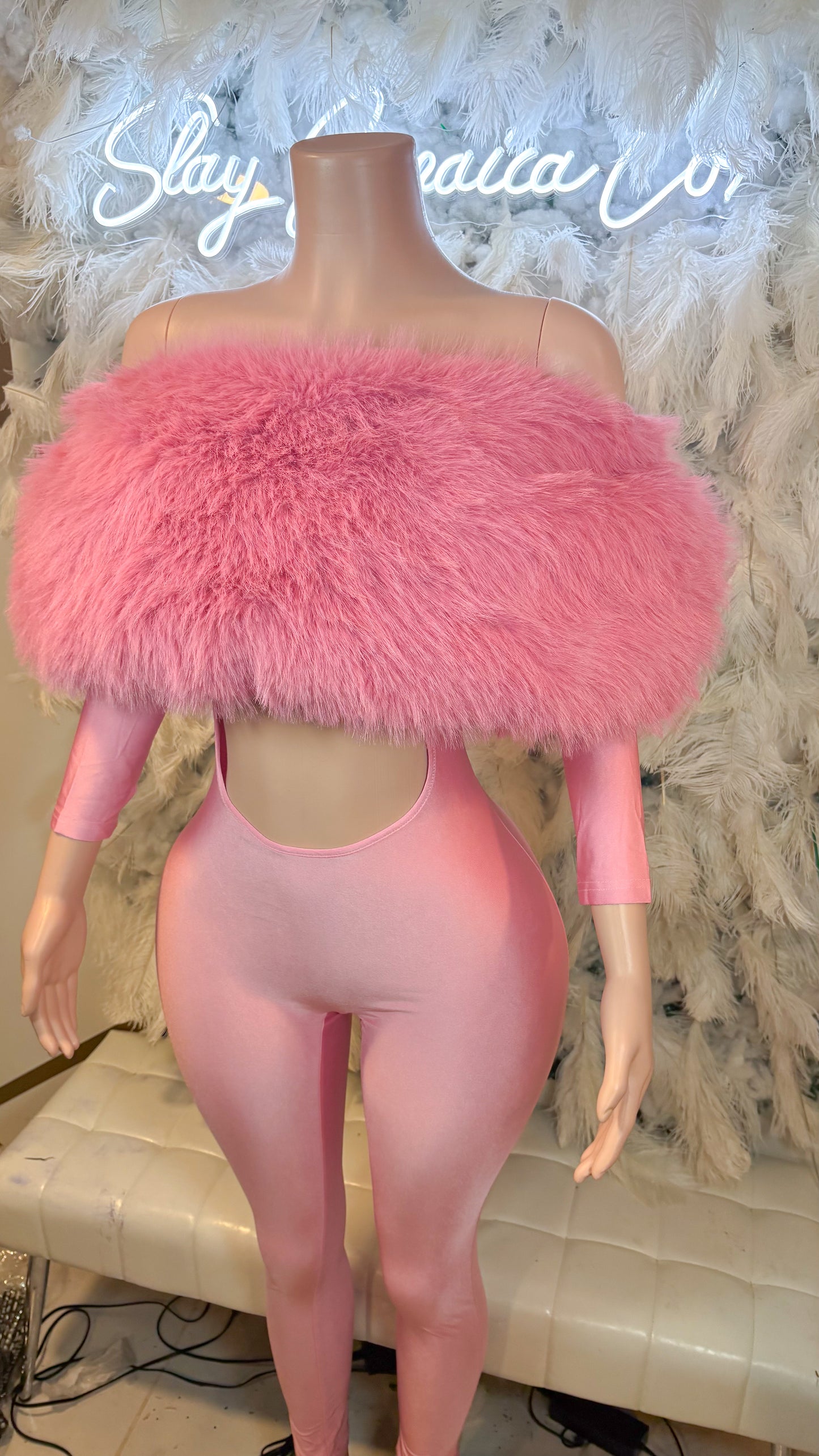 READY TO SHIP Femme Aura Fur Jumpsuit - Candy Pink