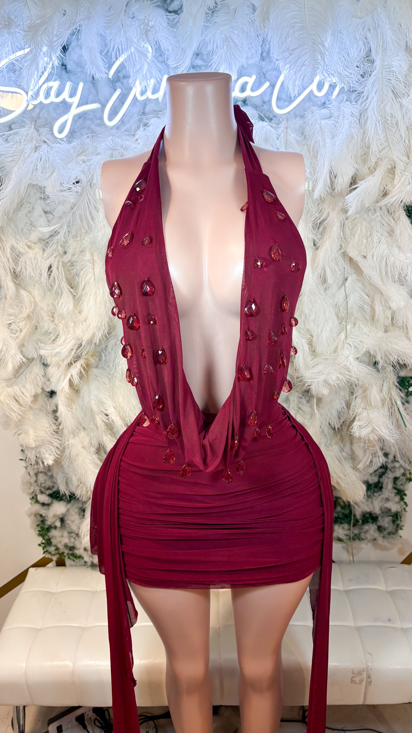 Drops Of Luxury Ruched halter Mini Dress - Wine
