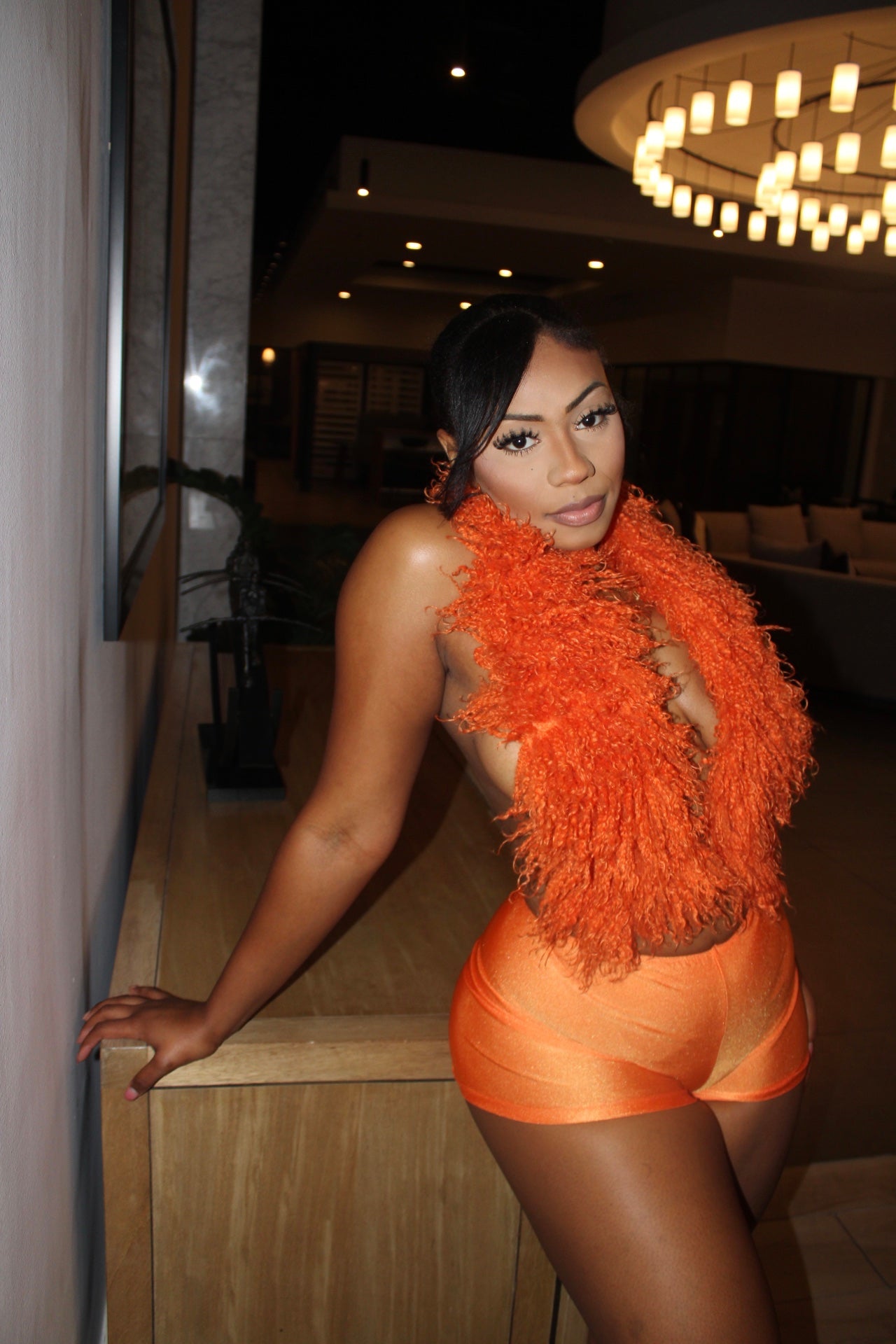 READY TO SHIP Summer Just Begun Mongolian Fur Shorts set - Orange