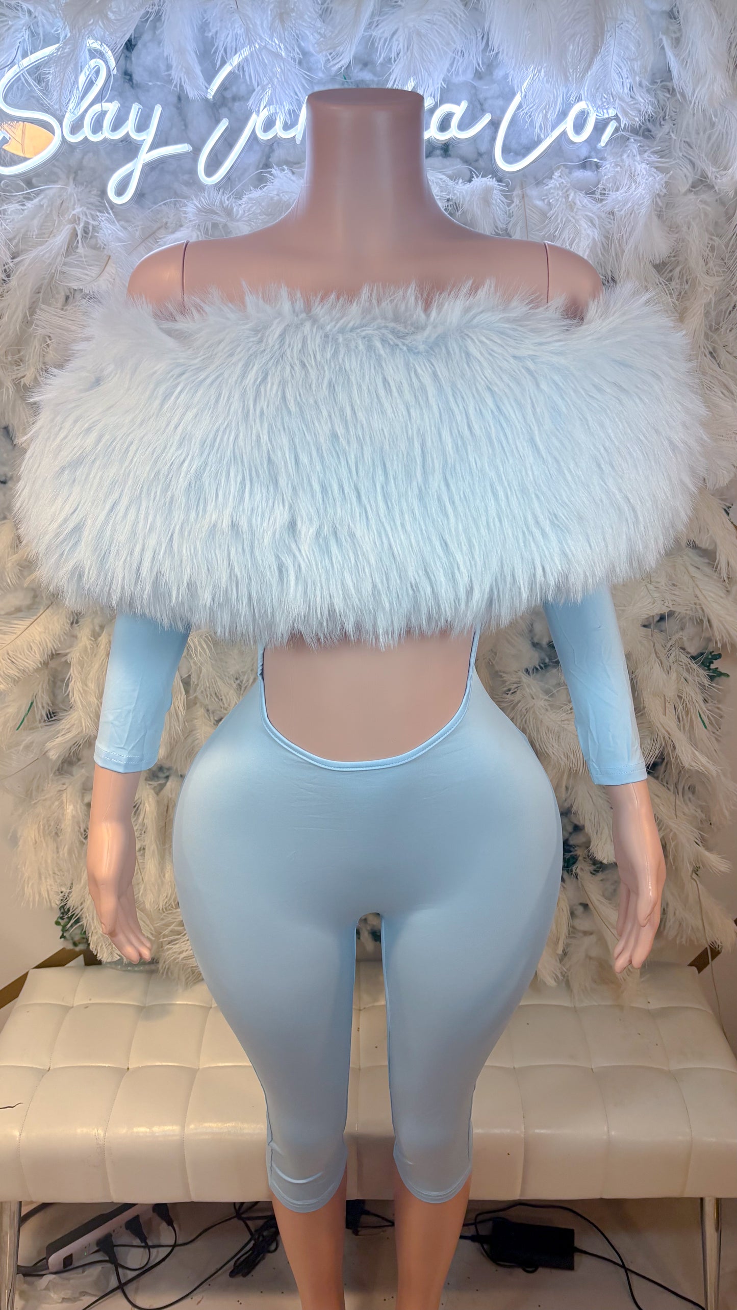 READY TO SHIP Femme Aura Fur Romper - Icy Blue