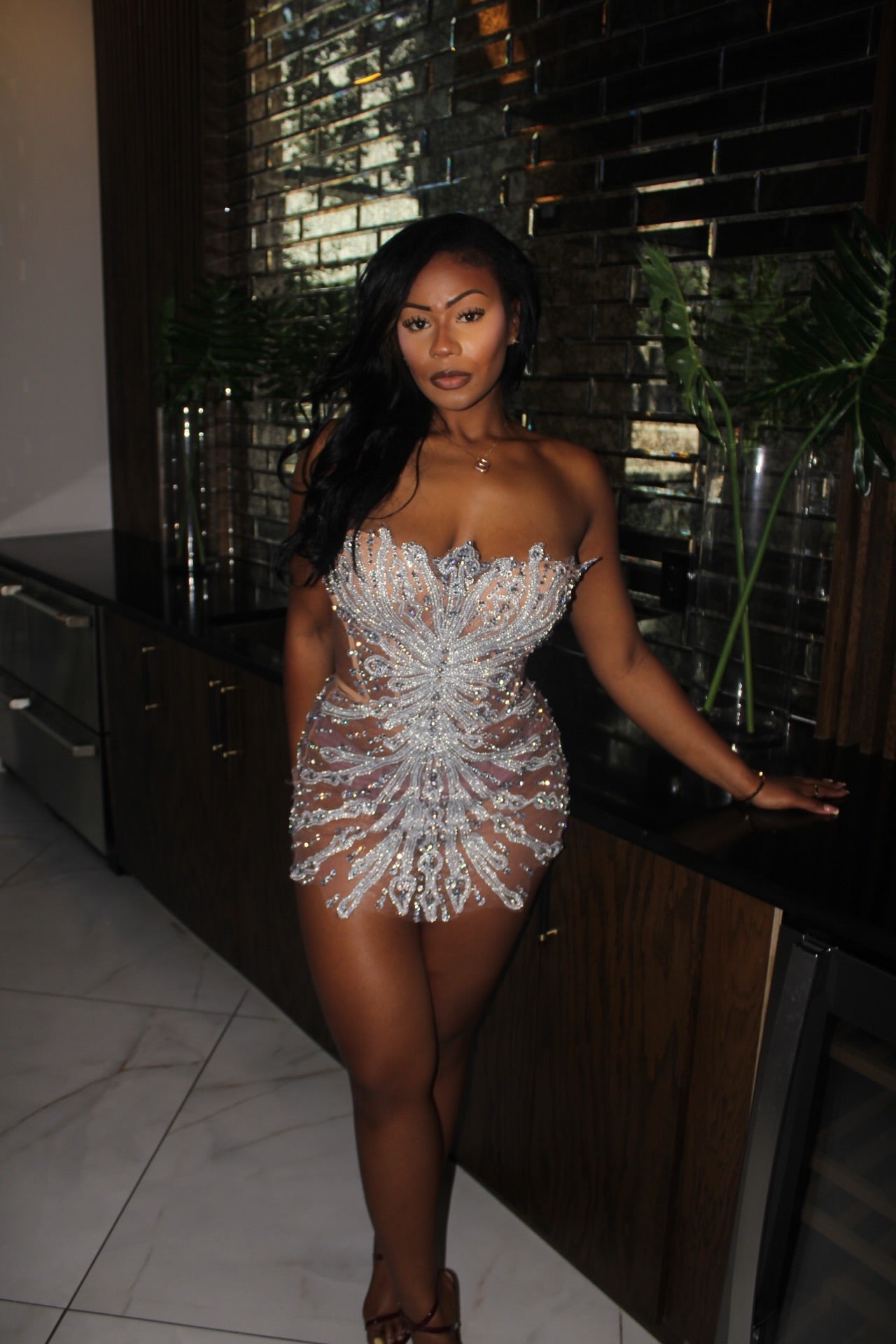 Preorder only The Glam Lifestyle Mesh Rhinestone Mini Dress