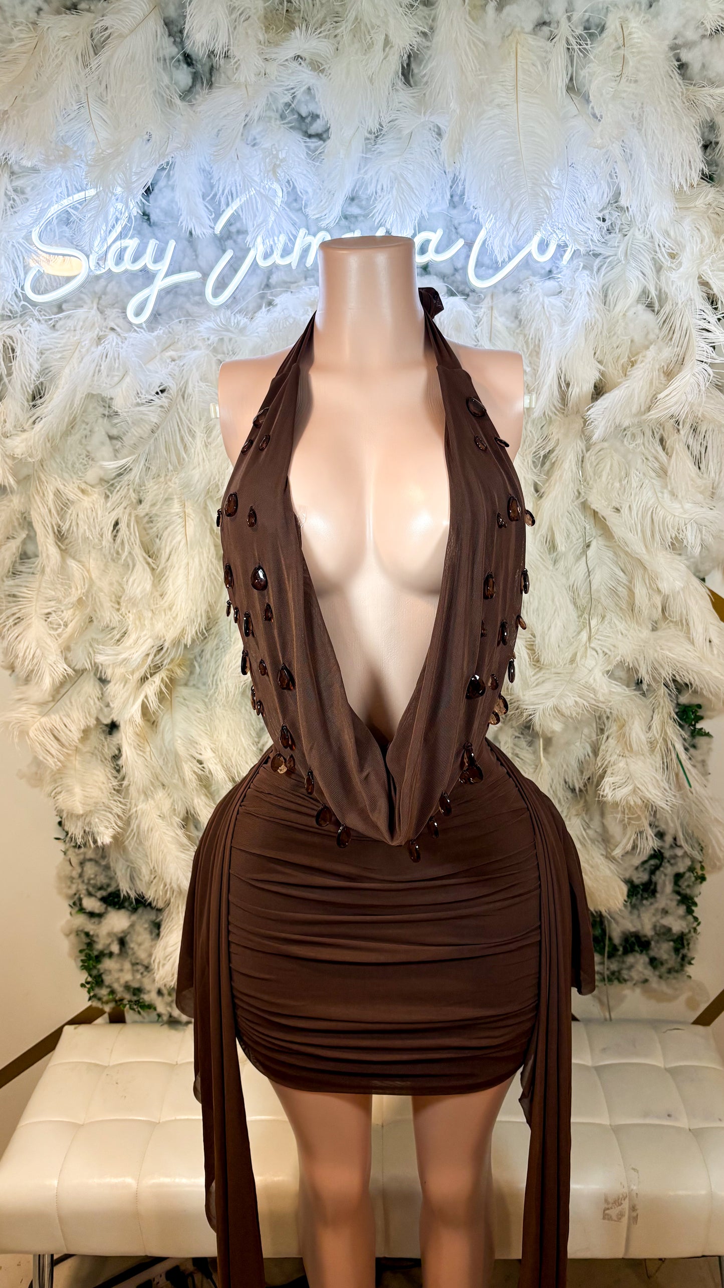 Drops Of Luxury Ruched halter Mini Dress - Mocha