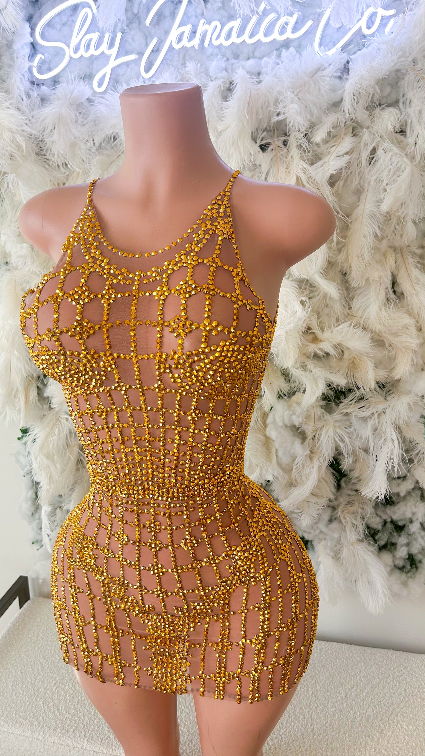 READY TO SHIP The Stars Align Mesh Rhinestone Mini Dress - Gold