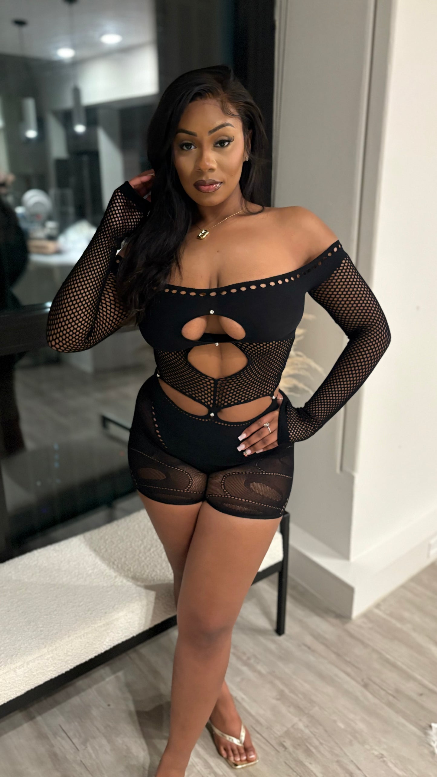 Risqué Love Cutout Mesh Romper - Black
