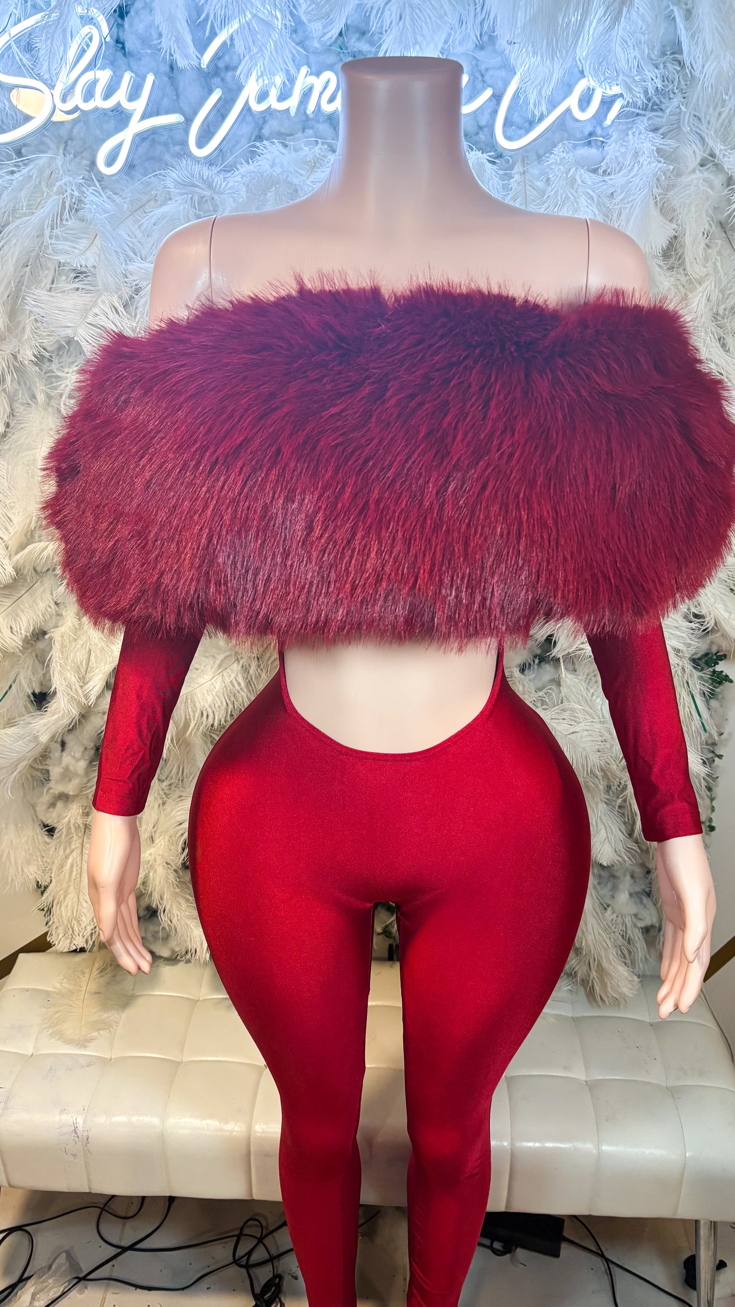 READY TO SHIP Femme Aura Fur Jumpsuit - Burgundy