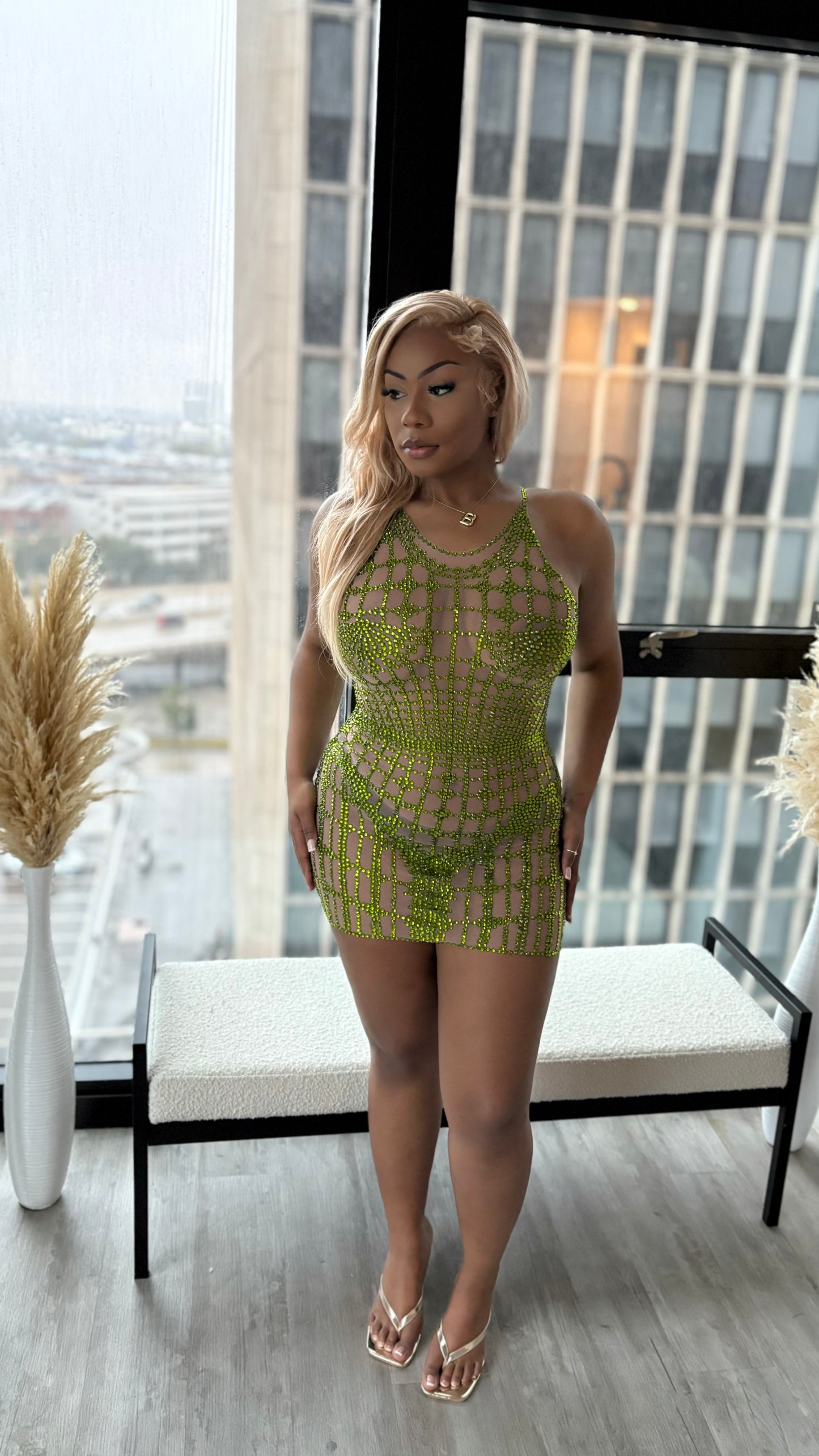 READY TO SHIP The Stars Align Mesh Rhinestone Mini Dress - Green
