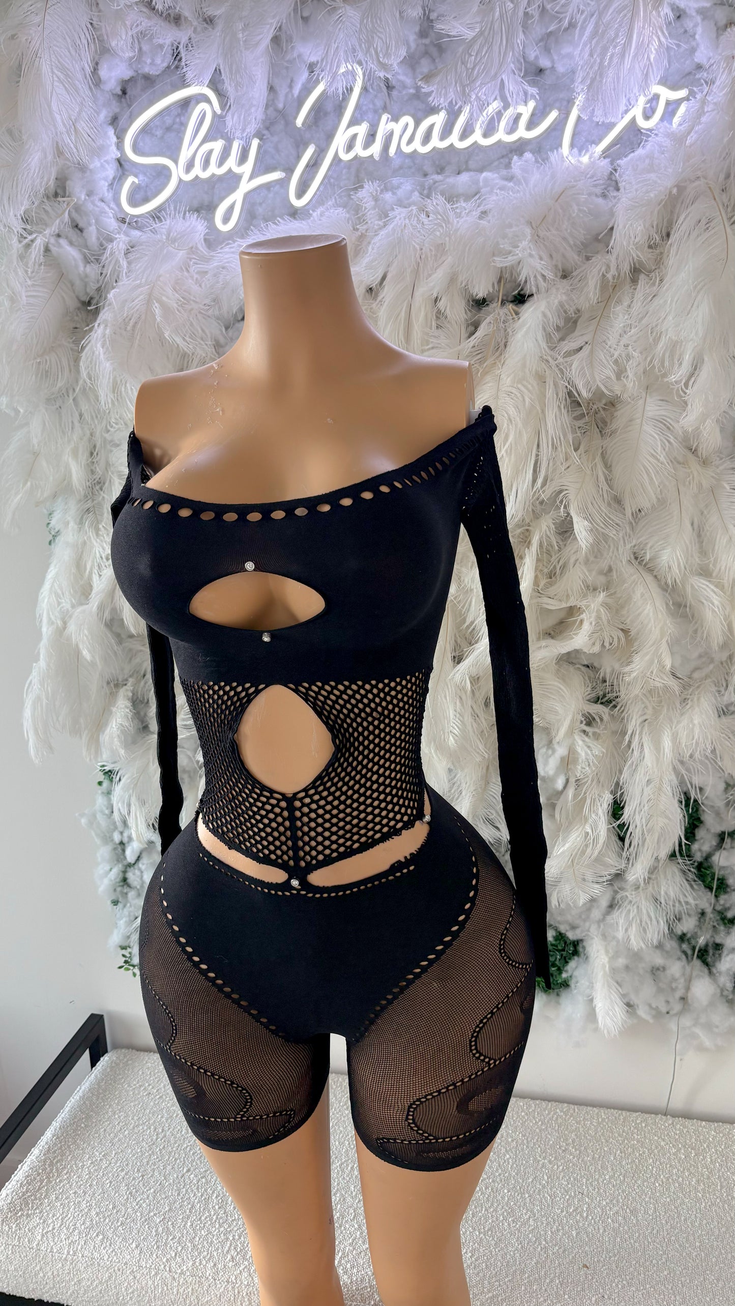Risqué Love Cutout Mesh Romper - Black