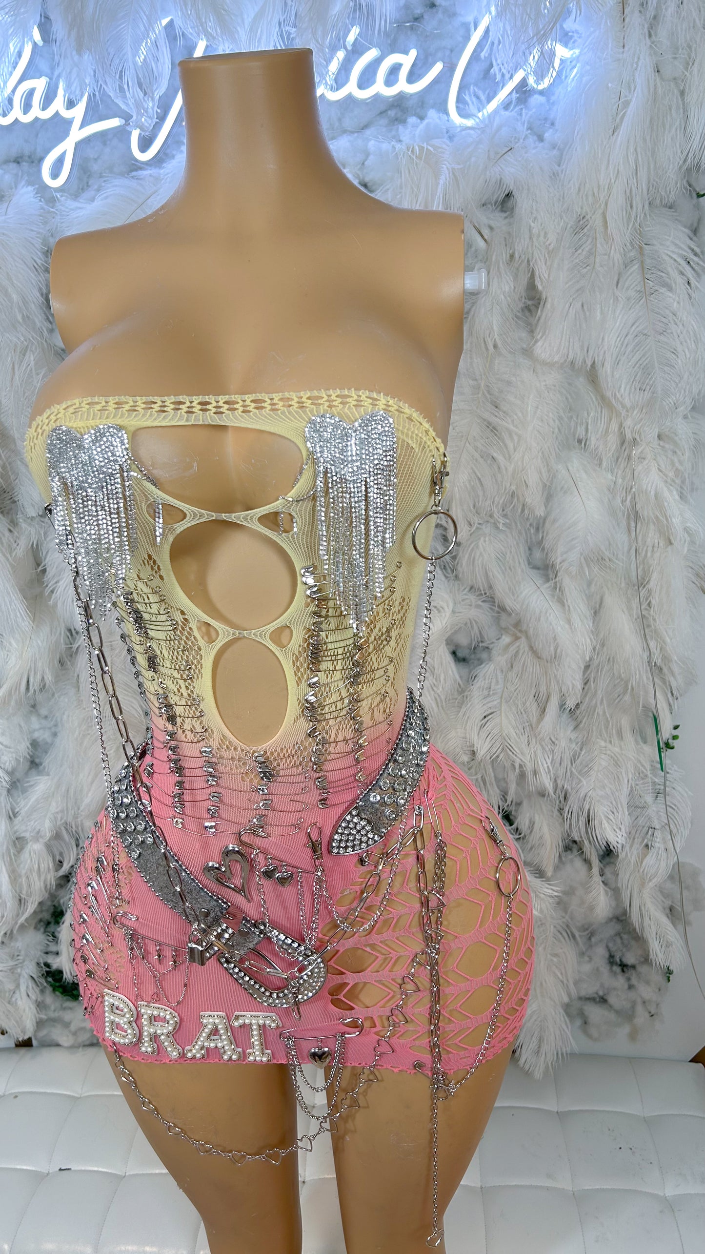The Biggest Brat Embellished Mesh Mini Dress