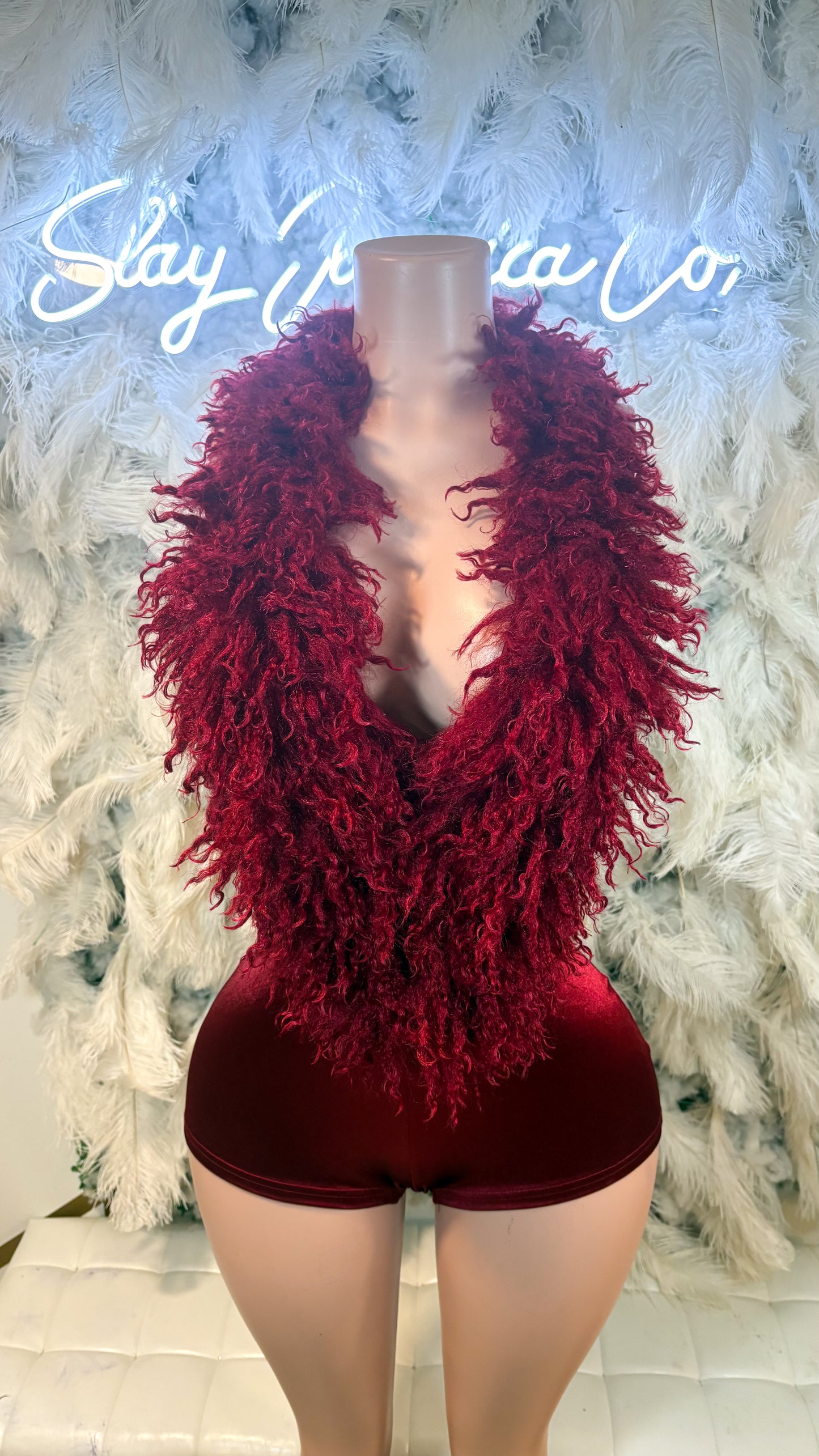 Allure Lifestyle Mongolian Fur Romper- BURGUNDY