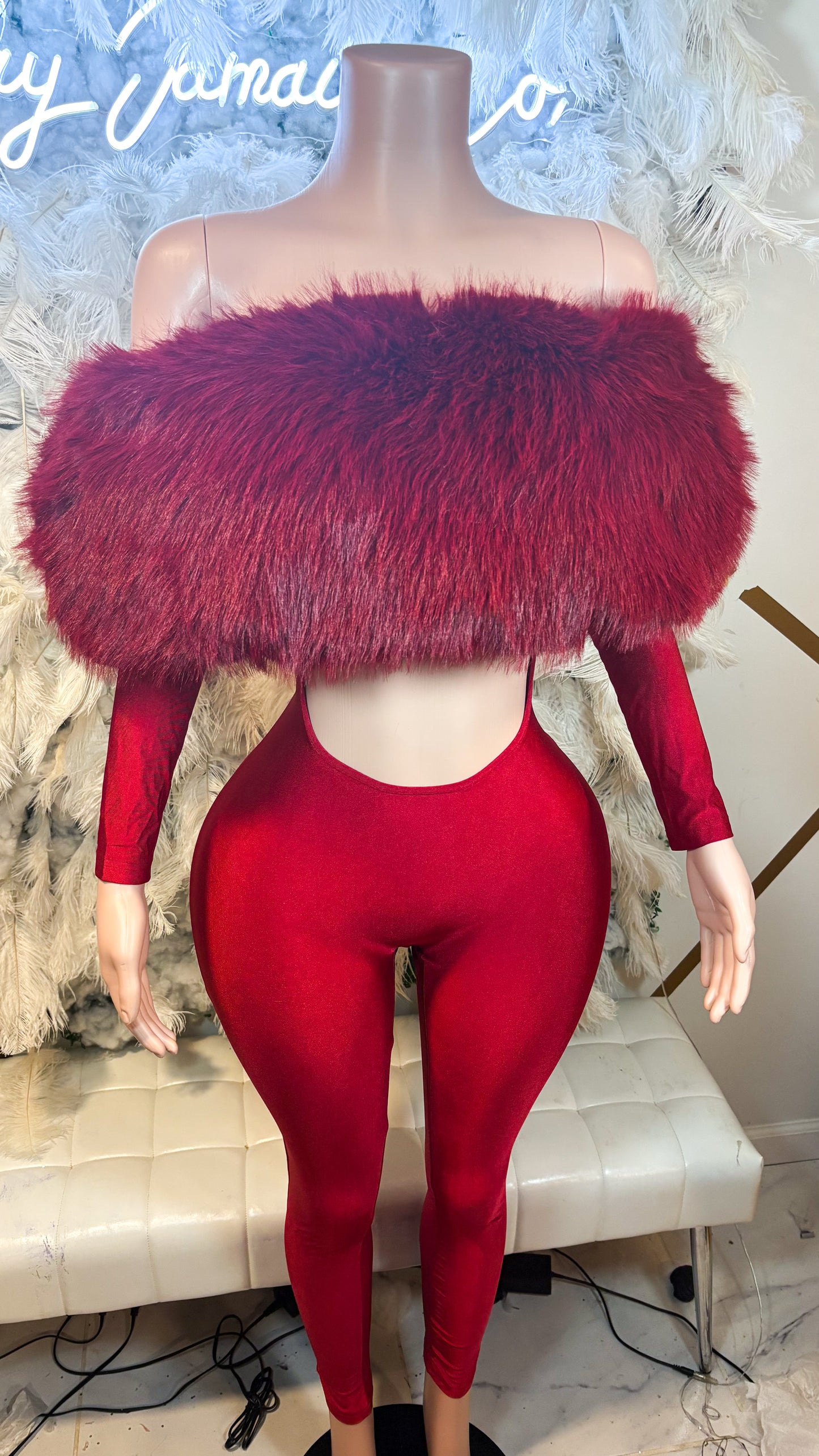 READY TO SHIP Femme Aura Fur Jumpsuit - Burgundy