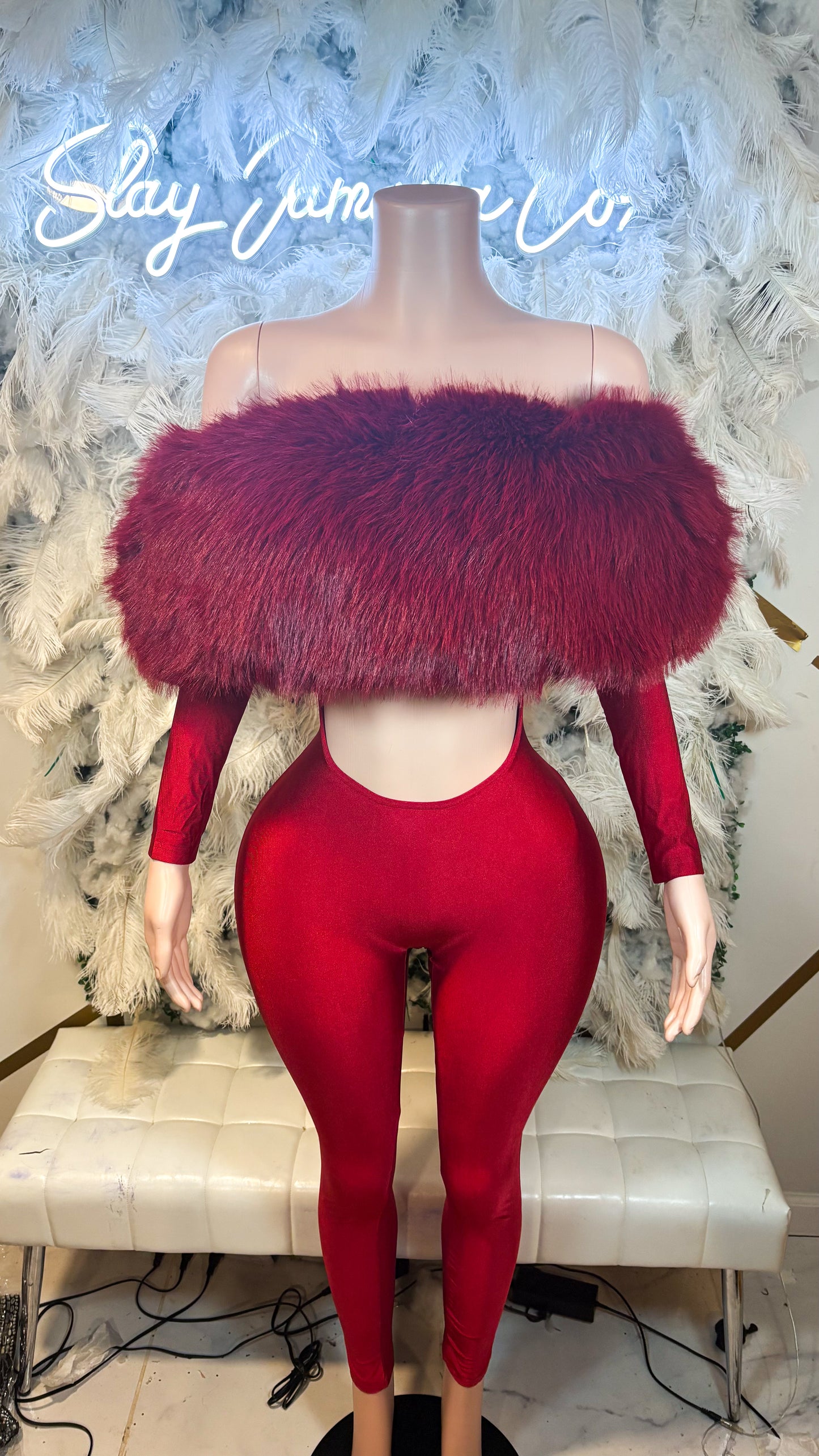 READY TO SHIP Femme Aura Fur Jumpsuit - Burgundy